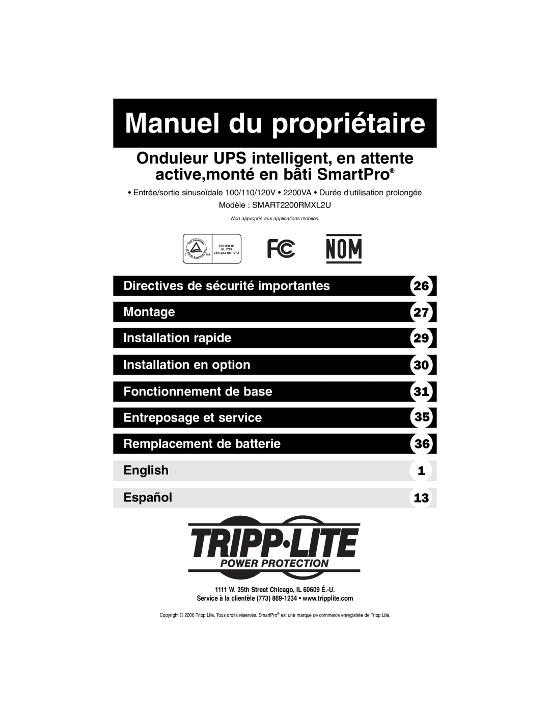 Tripp Lite 1400-3000 VA owner manual Manuel du propriétaire 