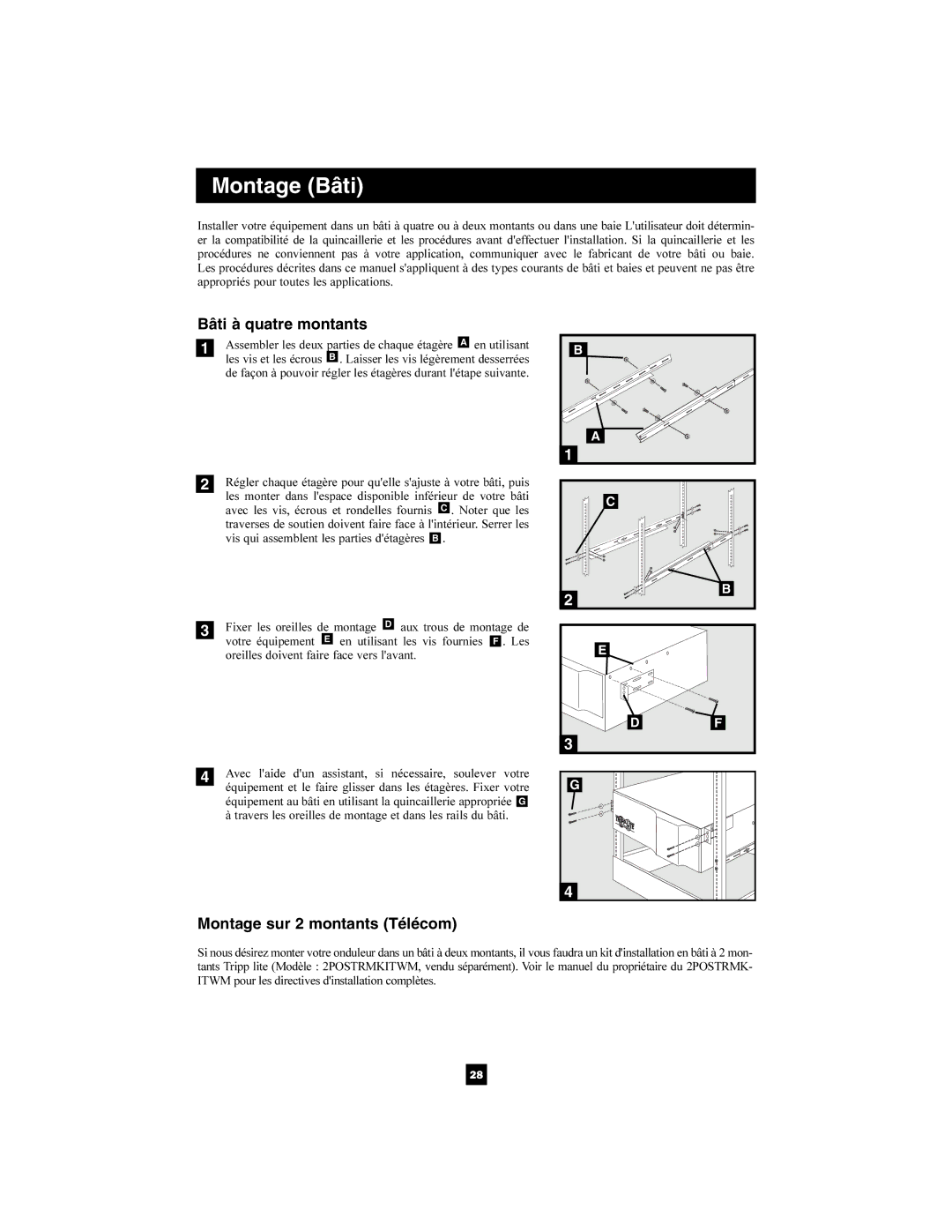 Tripp Lite 1400-3000 VA owner manual Montage Bâti, Bâti à quatre montants, Montage sur 2 montants Télécom 