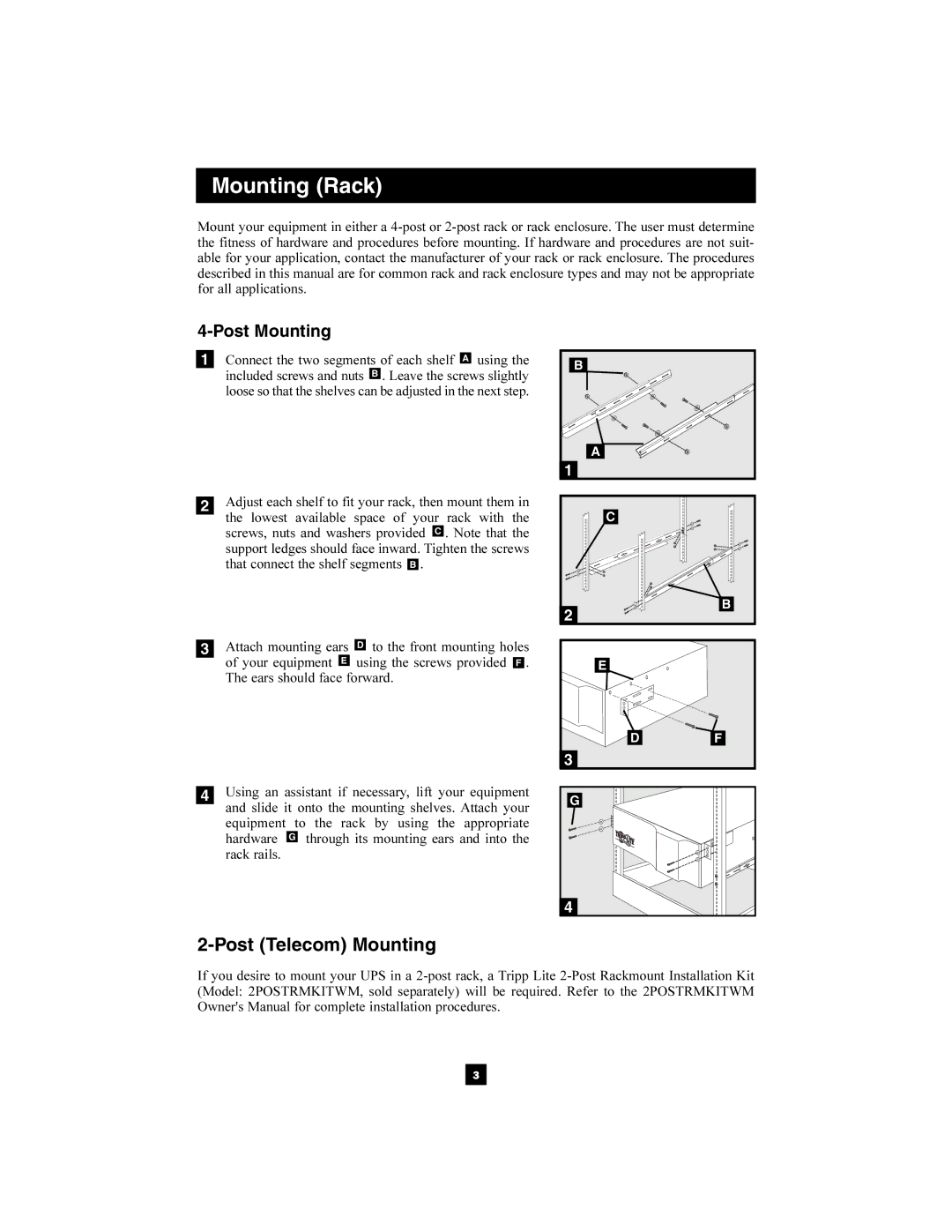 Tripp Lite 1400-3000 VA owner manual Mounting Rack, Post Telecom Mounting 