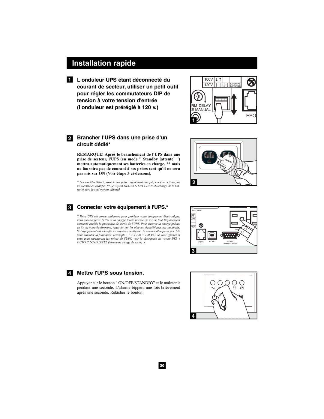 Tripp Lite 1400-3000 VA owner manual Connecter votre équipement à lUPS, Mettre lUPS sous tension 