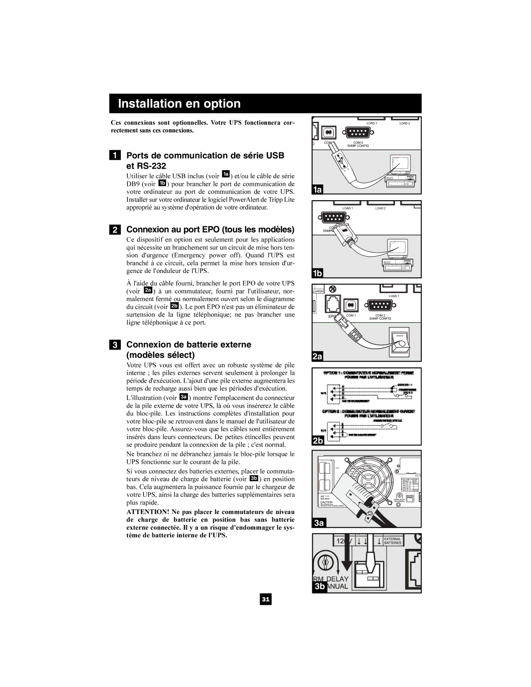 Tripp Lite 1400-3000 VA owner manual Ports de communication de série USB Et RS-232, Connexion au port EPO tous les modèles 