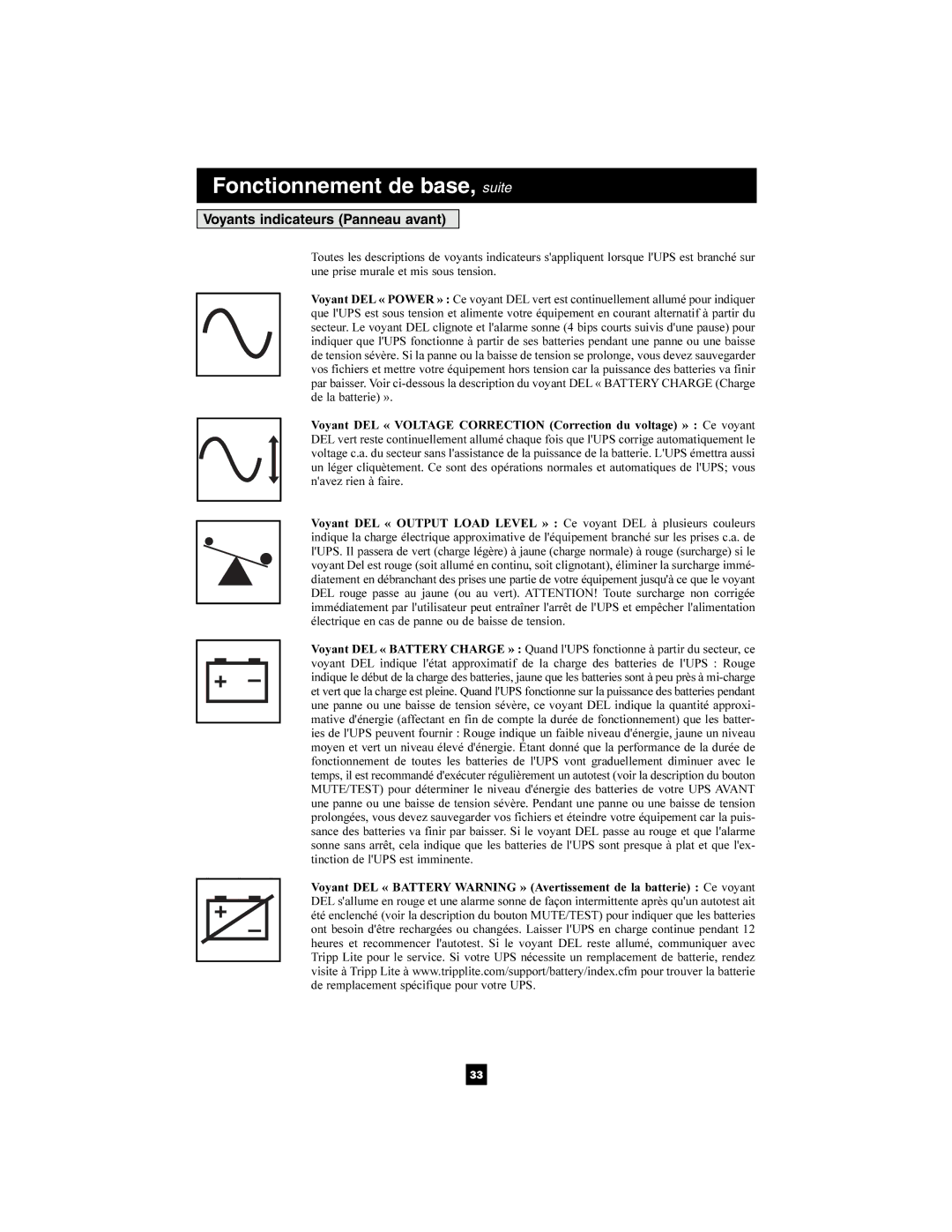 Tripp Lite 1400-3000 VA owner manual Fonctionnement de base, suite, Voyants indicateurs Panneau avant 