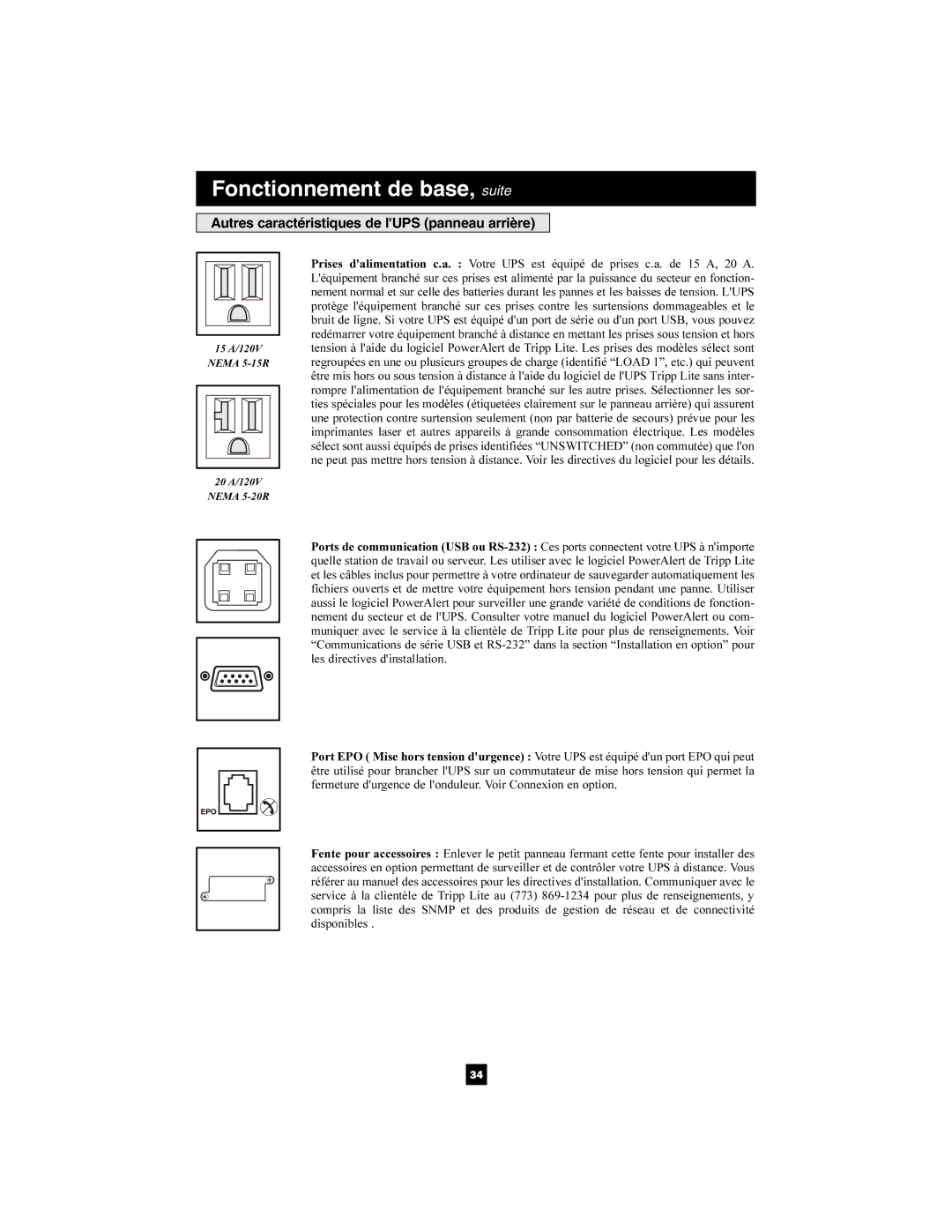 Tripp Lite 1400-3000 VA owner manual Autres caractéristiques de lUPS panneau arrière 