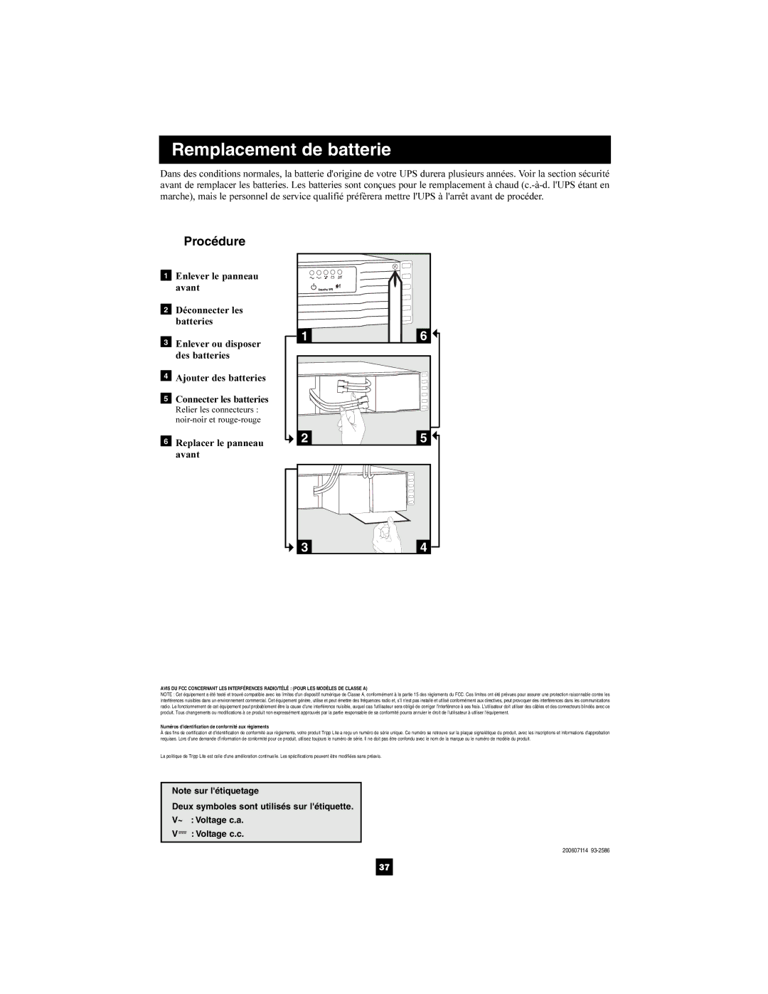 Tripp Lite 1400-3000 VA owner manual Procédure, Replacer le panneau avant 