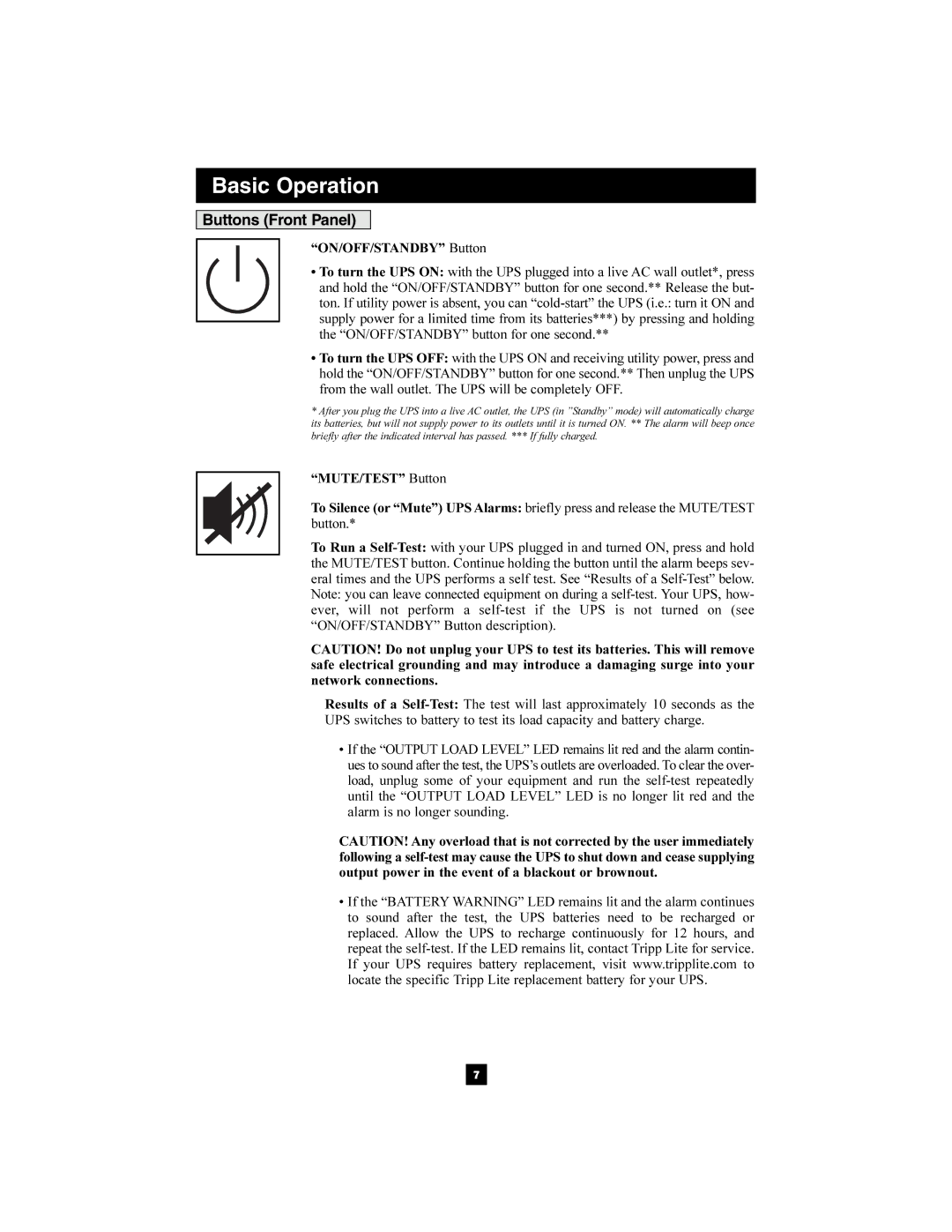 Tripp Lite 1400-3000 VA owner manual Basic Operation, Buttons Front Panel 