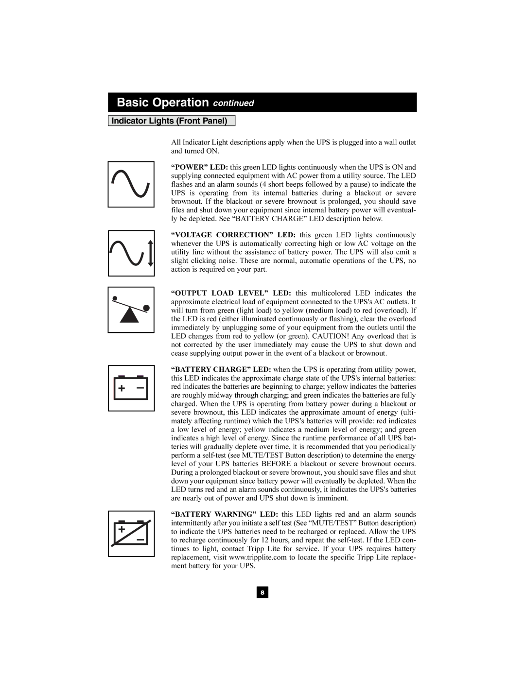 Tripp Lite 1400-3000 VA owner manual Indicator Lights Front Panel 