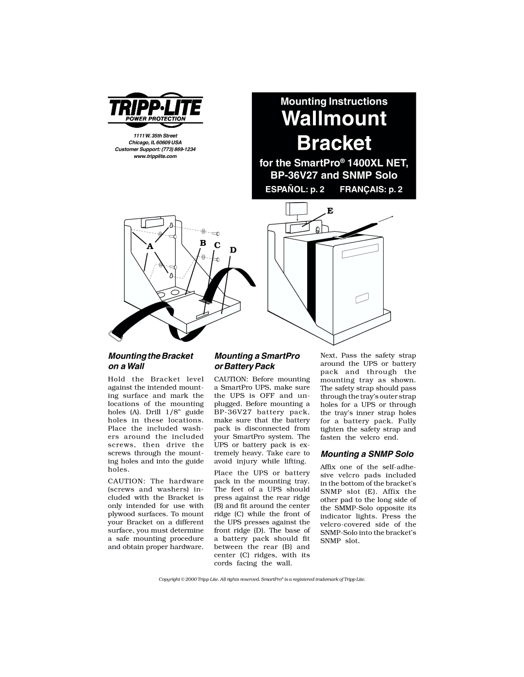 Tripp Lite 1400 XL manual Mounting the Bracket on a Wall, Mounting a SmartPro or Battery Pack, Mounting a Snmp Solo 