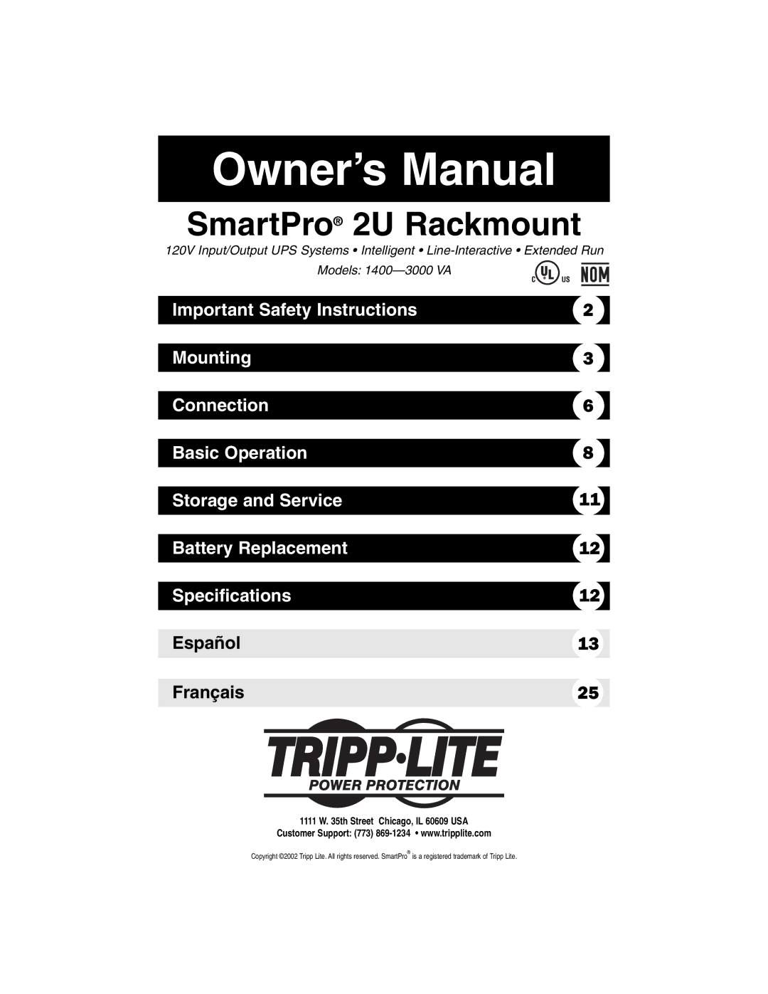 Tripp Lite 1400VA owner manual SmartPro 2U Rackmount 