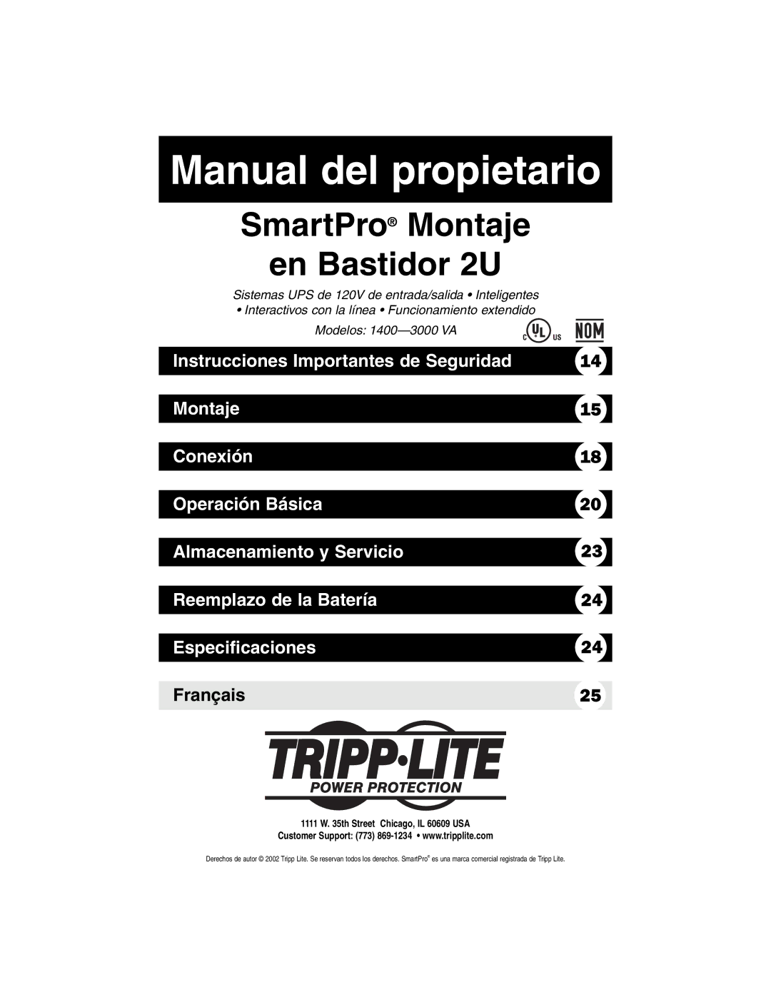 Tripp Lite 1400VA owner manual Manual del propietario 