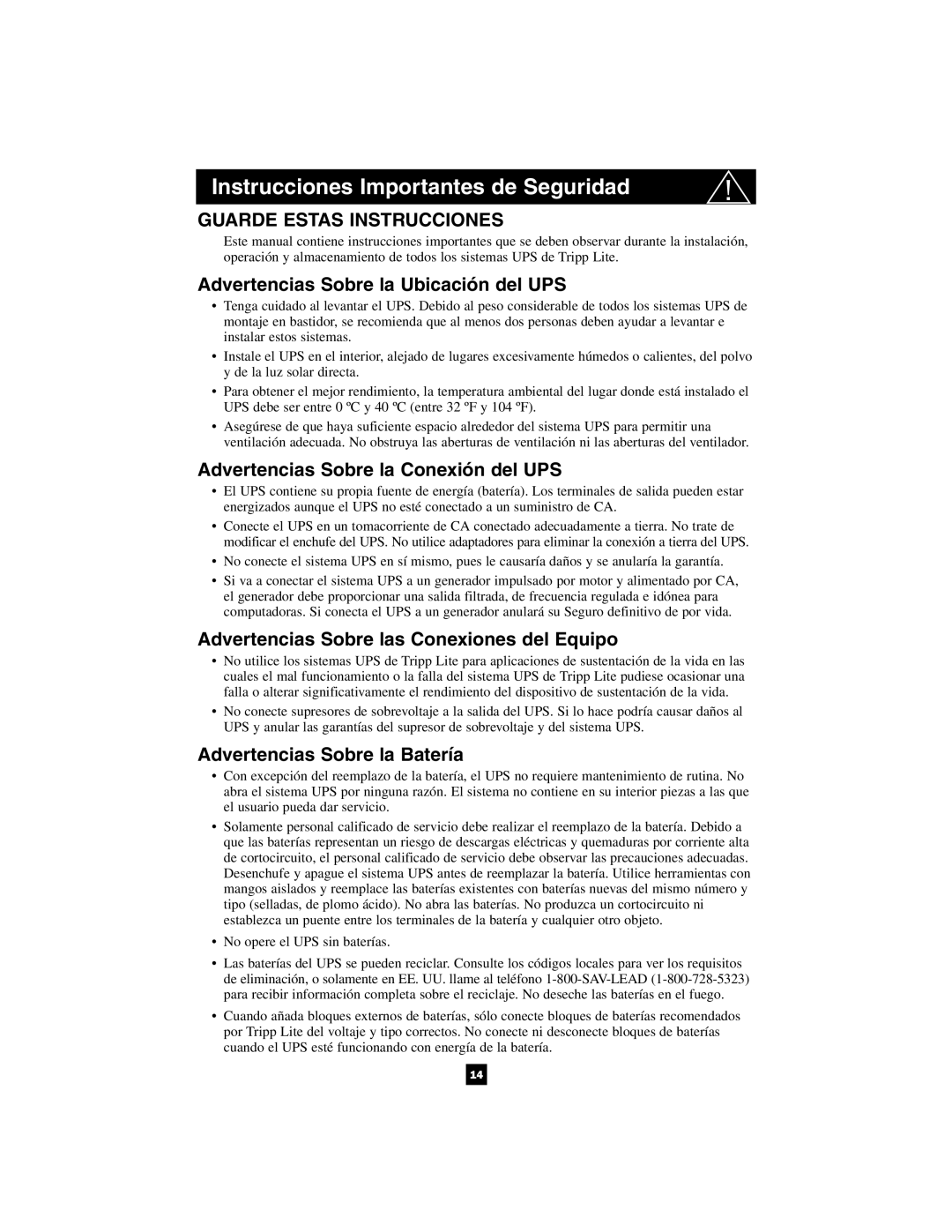 Tripp Lite 1400VA owner manual Instrucciones Importantes de Seguridad, Advertencias Sobre la Ubicación del UPS 