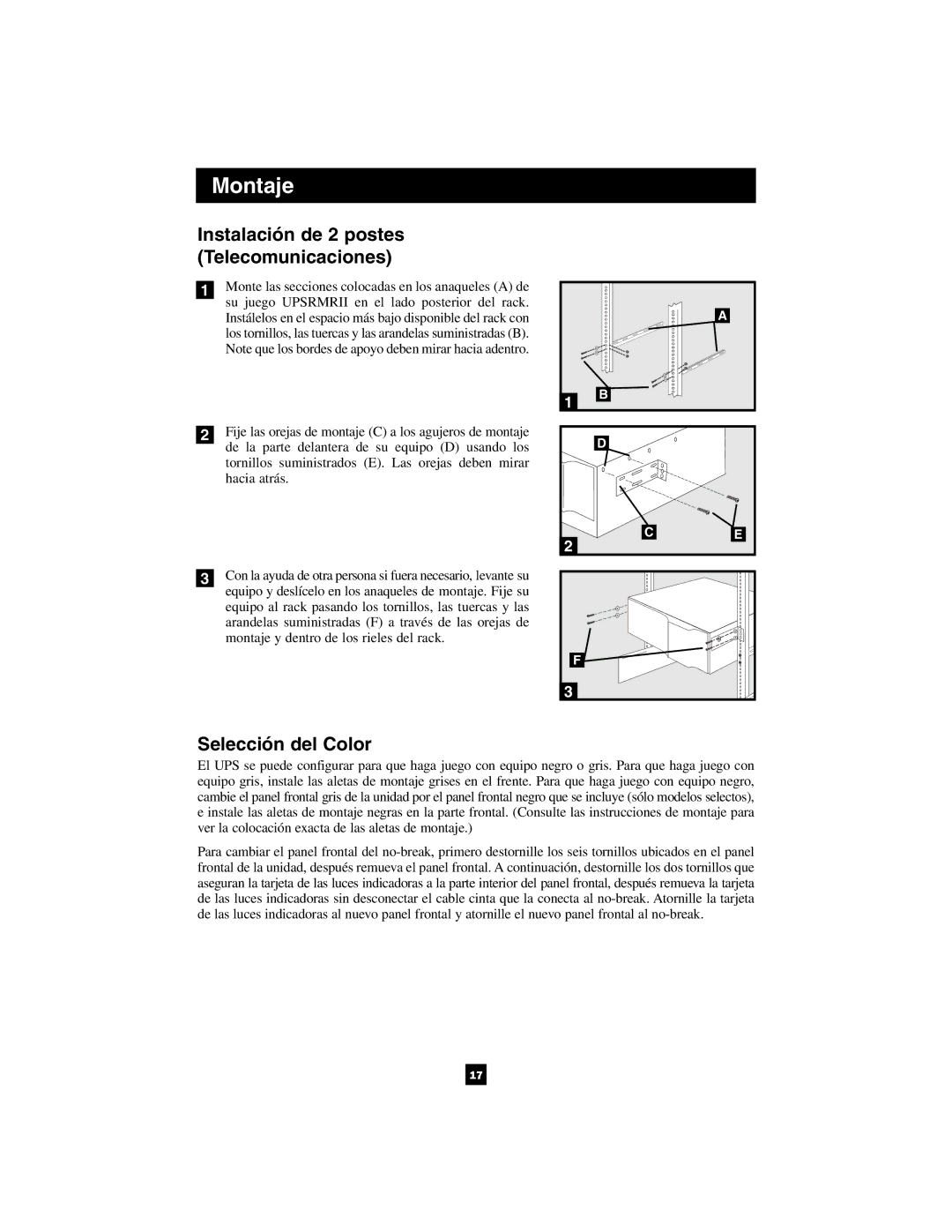 Tripp Lite 1400VA owner manual Instalación de 2 postes Telecomunicaciones, Selección del Color 