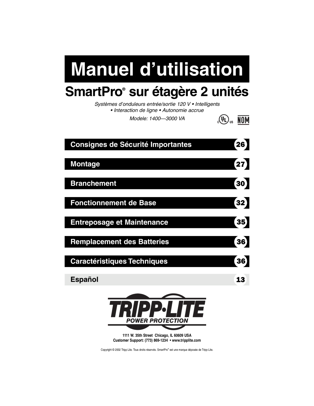 Tripp Lite 1400VA owner manual Manuel d’utilisation 