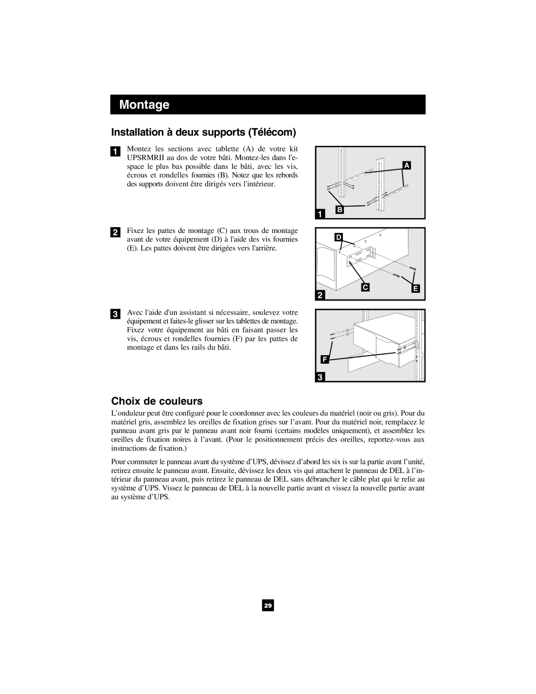 Tripp Lite 1400VA owner manual Installation à deux supports Télécom, Choix de couleurs 