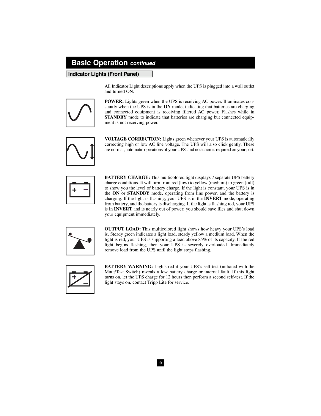 Tripp Lite 1400VA owner manual Indicator Lights Front Panel 
