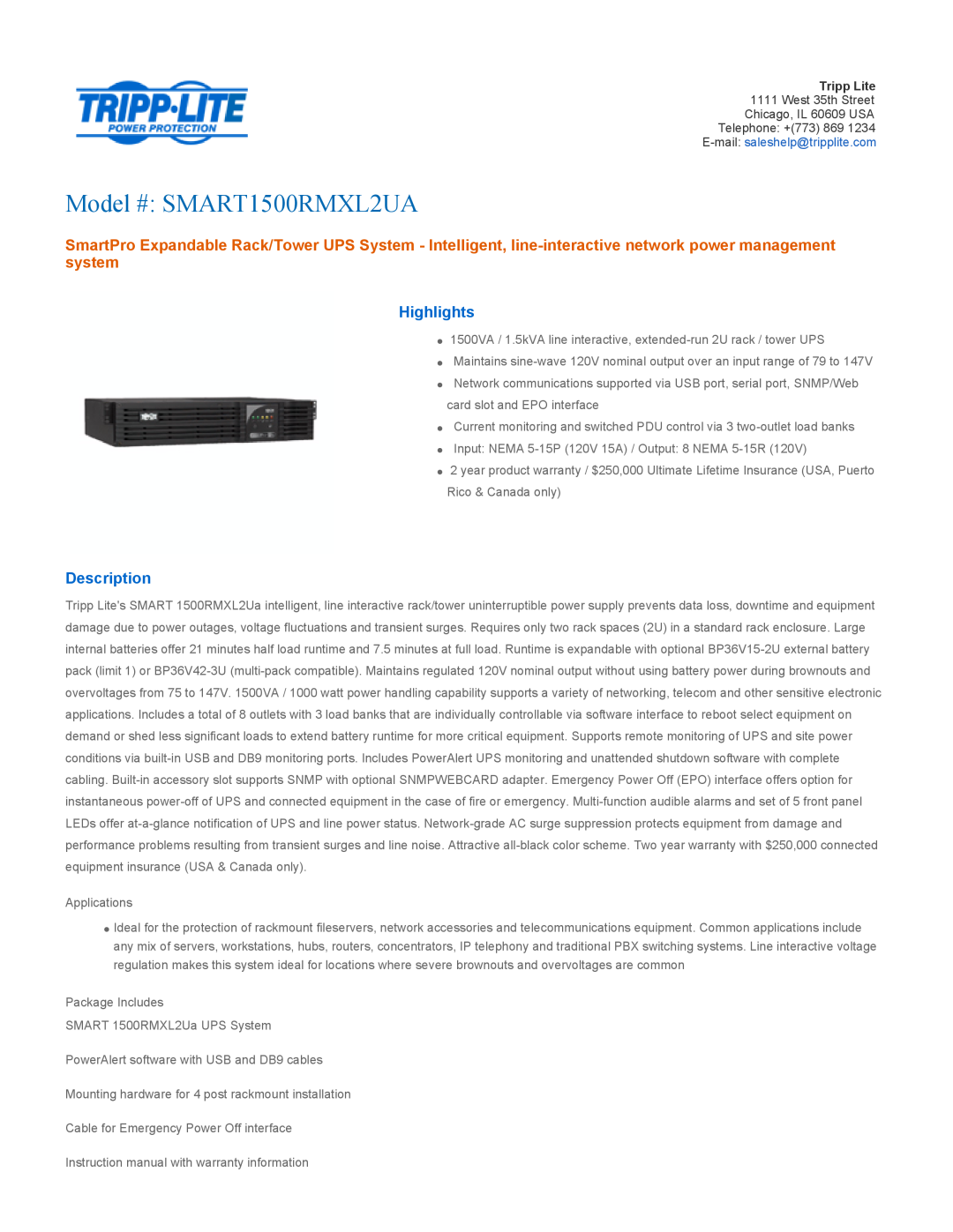 Tripp Lite warranty Highlights, Description, Model # SMART1500RMXL2UA 