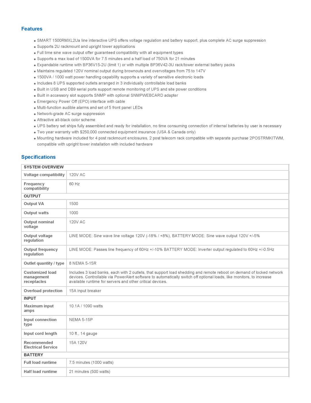 Tripp Lite 1500RMXL2UA warranty Features, Specifications 