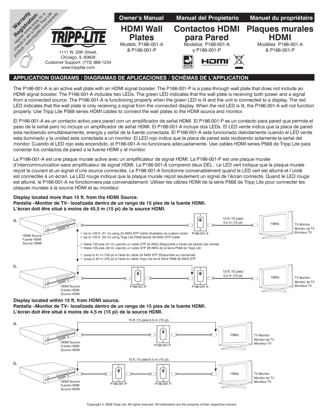 Tripp Lite 166-001-A warranty Registration, Th Street, M 15 pi, 15 ft./15 pies/4,5 m 15 pi 