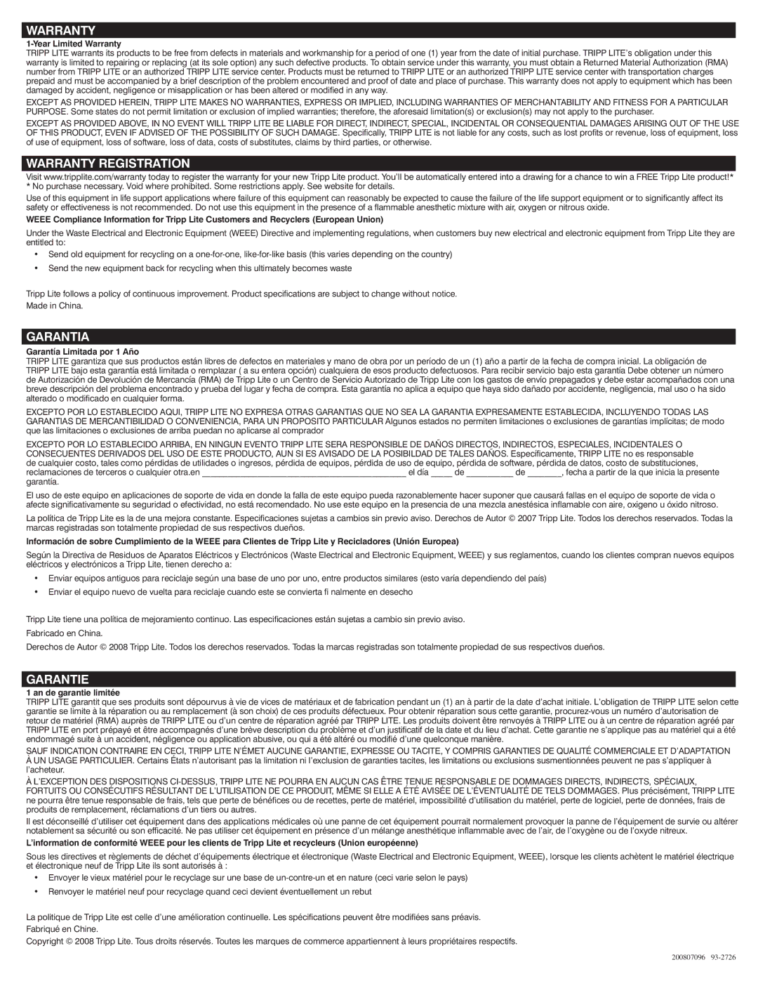 Tripp Lite 166-001-A warranty Warranty Registration, Garantia, Garantie 