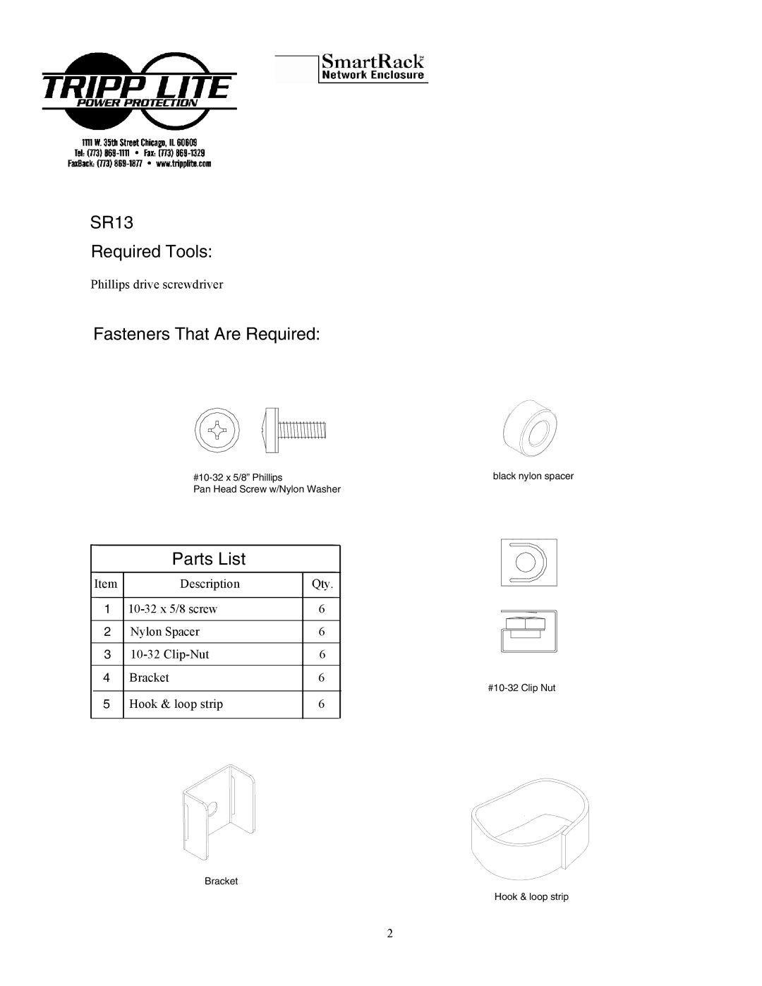 Tripp Lite 190S8FB manual SR13 Required Tools, Fasteners That Are Required, Parts List 