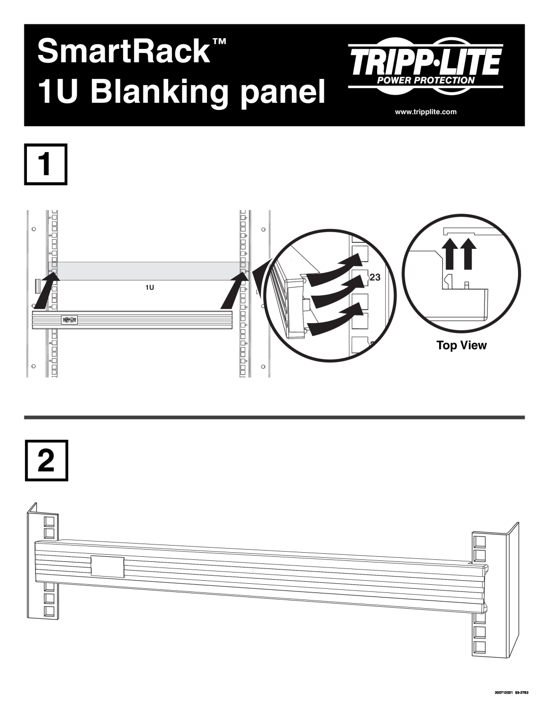 Tripp Lite manual SmartRack 1U Blanking panel, Top View, 200712021 