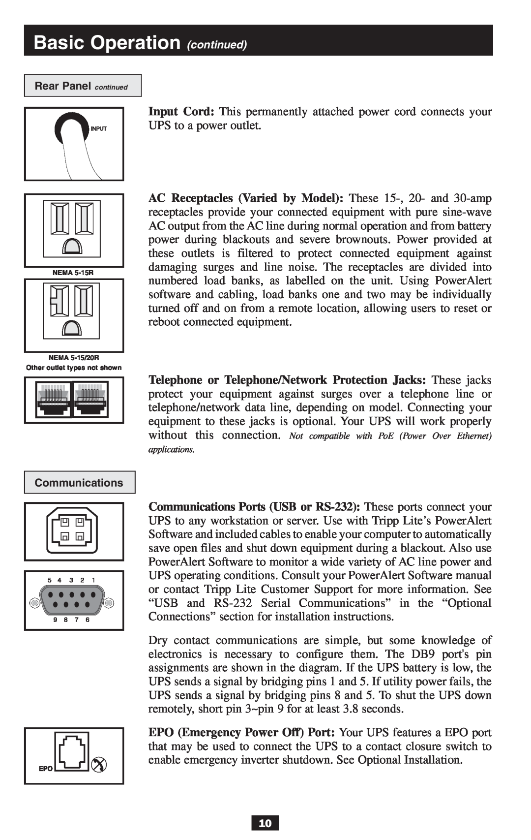 Tripp Lite 2-9USTAND owner manual Basic Operation continued, Rear Panel continued, Communications, applications 