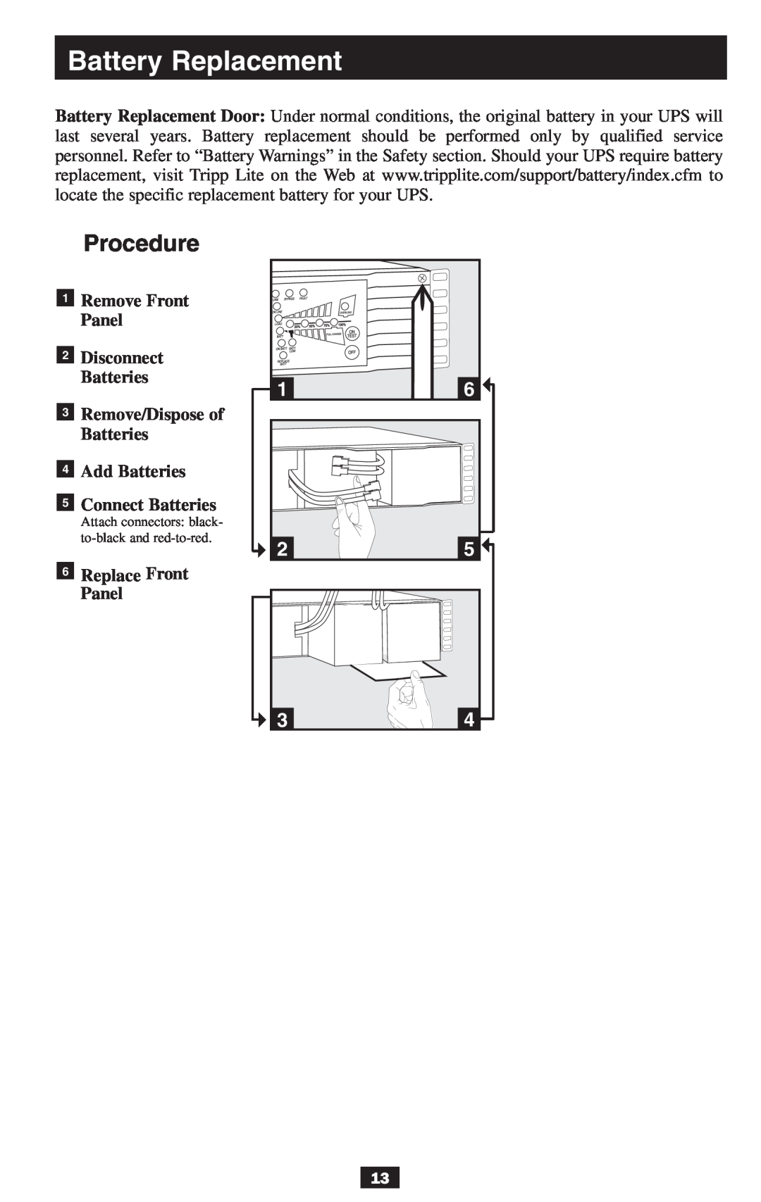 Tripp Lite 2-9USTAND Procedure, Remove Front Panel 2 Disconnect Batteries, Replace Front Panel, Battery Replacement 