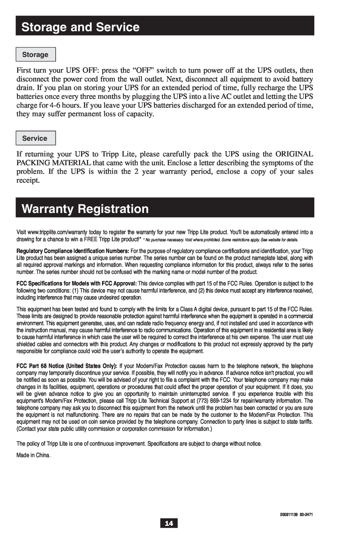 Tripp Lite 2-9USTAND owner manual Storage and Service, Warranty Registration 
