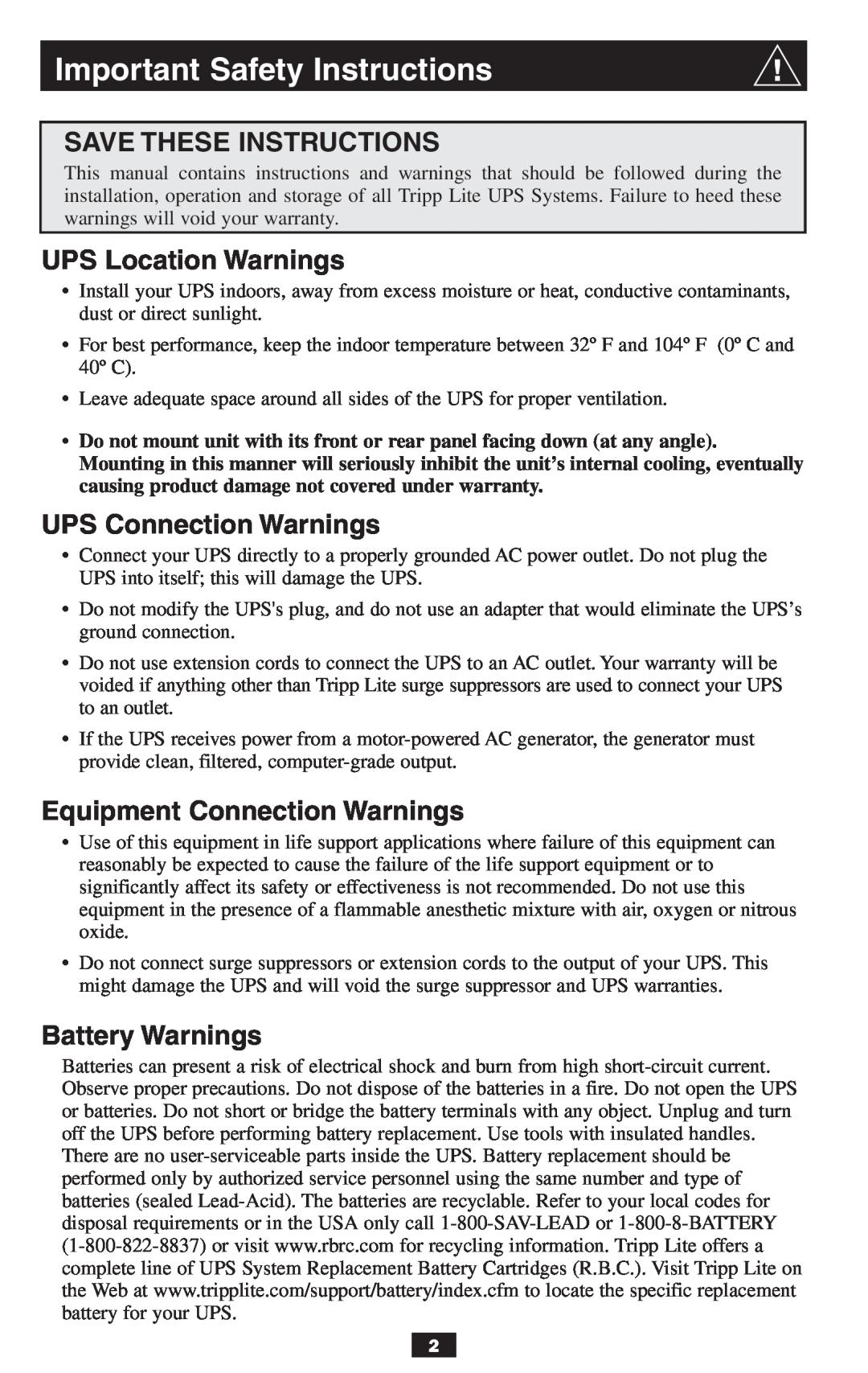 Tripp Lite 2-9USTAND owner manual Save These Instructions, UPS Location Warnings, UPS Connection Warnings, Battery Warnings 