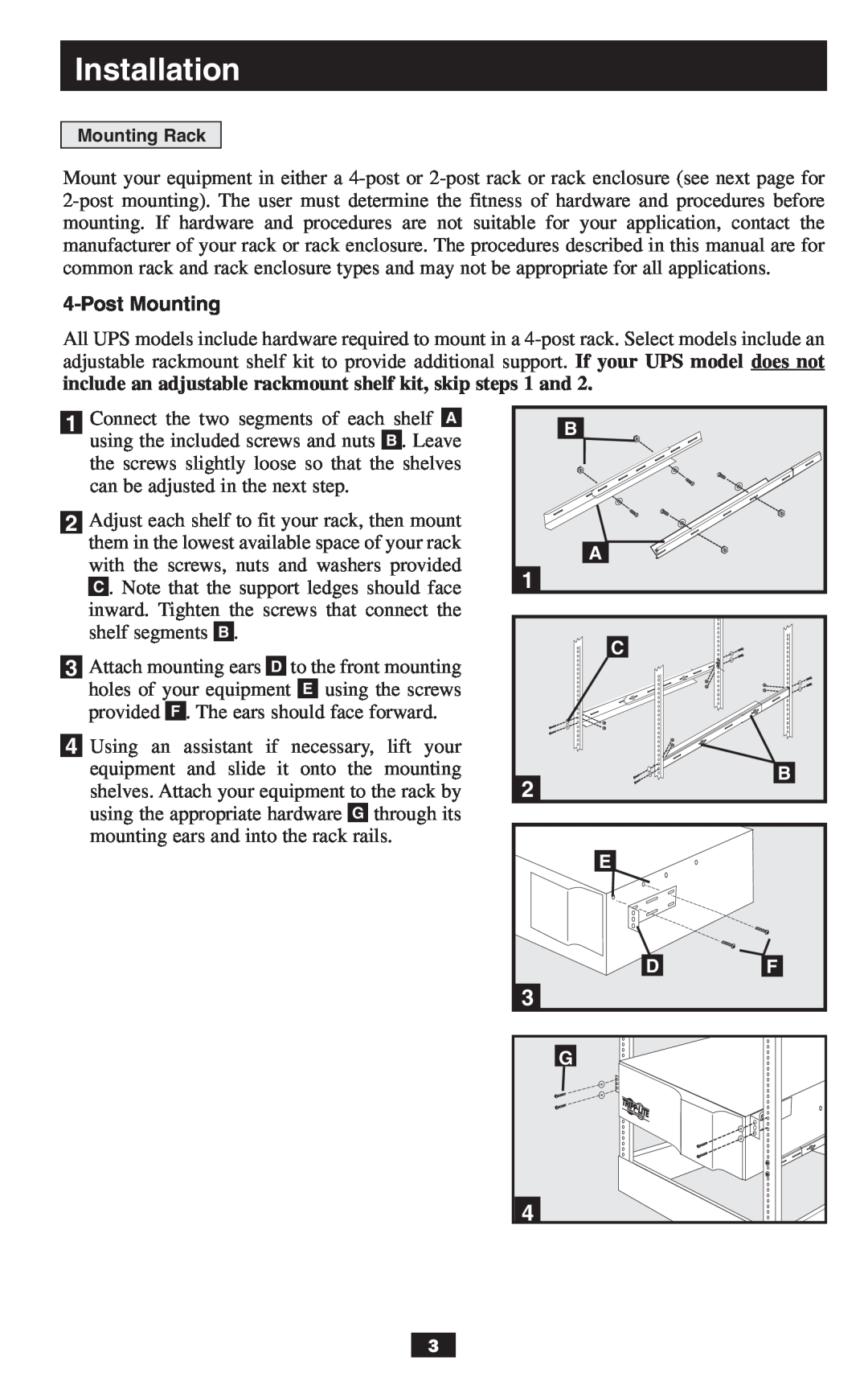 Tripp Lite 2-9USTAND owner manual Installation, Post Mounting, Mounting Rack 