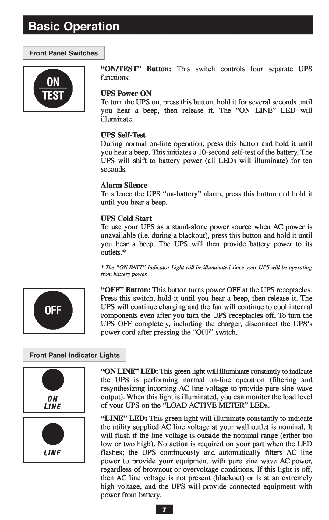 Tripp Lite 2-9USTAND owner manual UPS Power ON, UPS Self-Test, Alarm Silence, UPS Cold Start, Basic Operation 