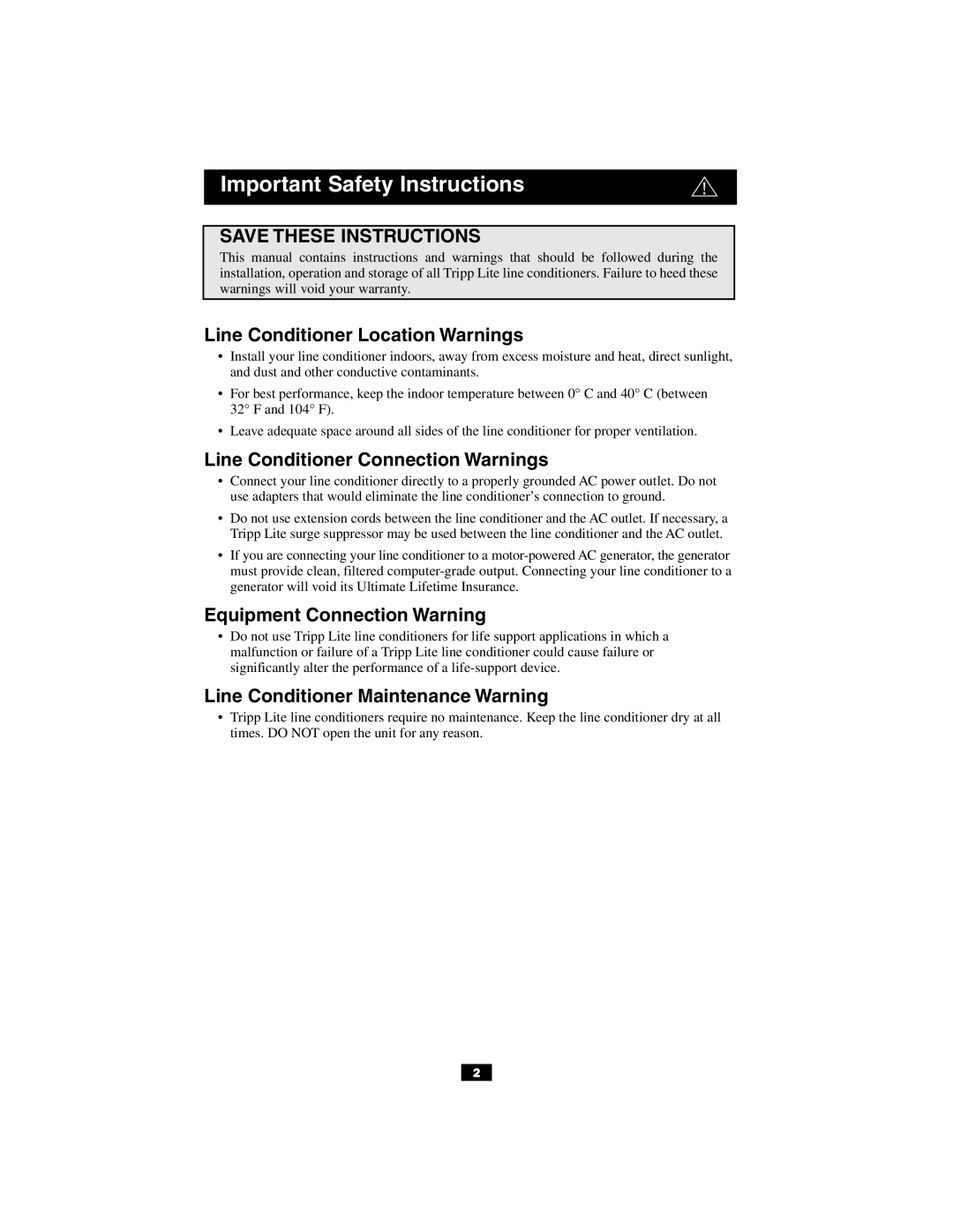 Tripp Lite 200204171 93-2036_EN owner manual Line Conditioner Location Warnings, Line Conditioner Connection Warnings 