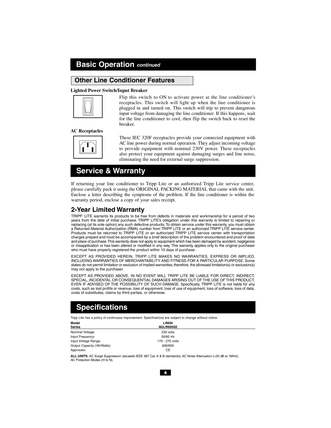 Tripp Lite 200204171 93-2036_EN owner manual Other Line Conditioner Features, Year Limited Warranty 