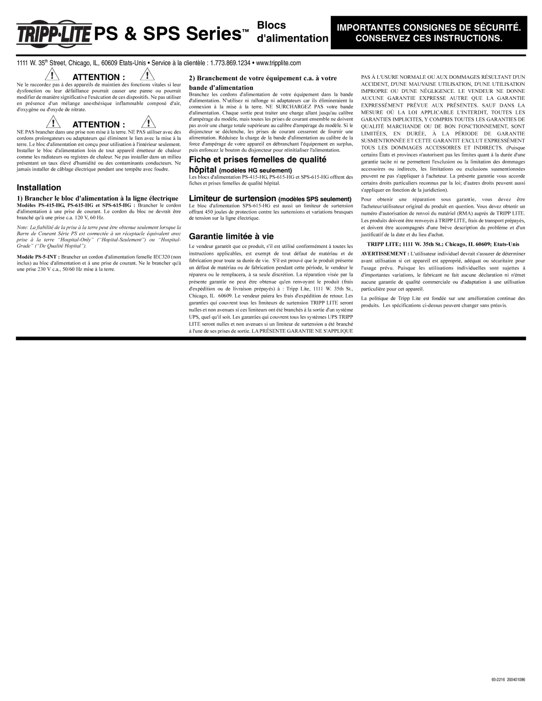 Tripp Lite 200401086 important safety instructions Limiteur de surtension modèles SPS seulement, Garantie limitée à vie 