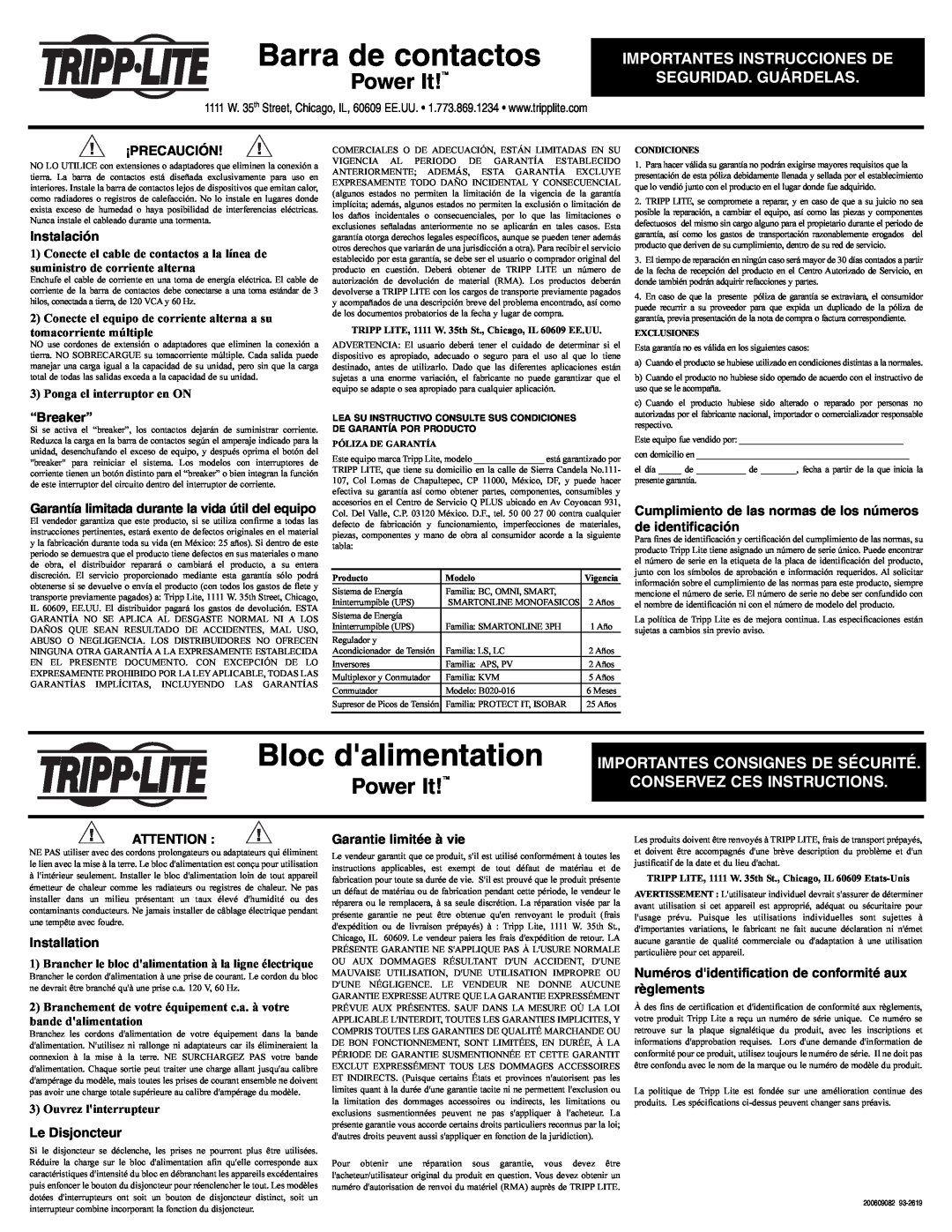 Tripp Lite 200609062 Barra de contactos, Bloc dalimentation, Power It!TM, Importantes Instrucciones De, ¡Precaución 