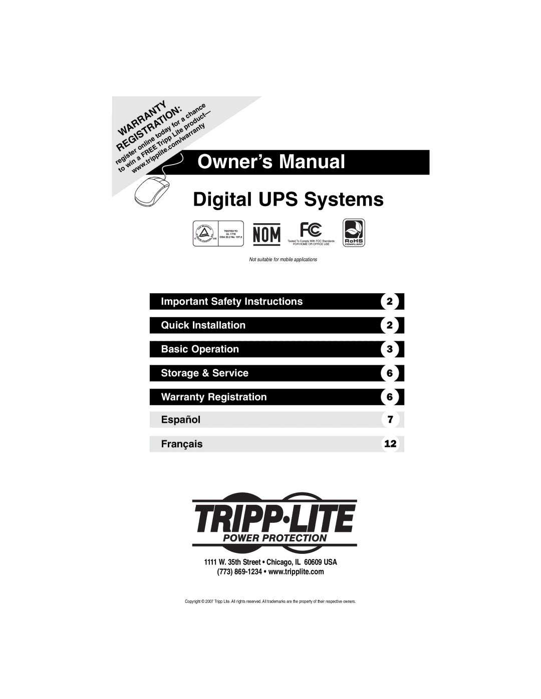 Tripp Lite 200703079 owner manual Digital UPS Systems 