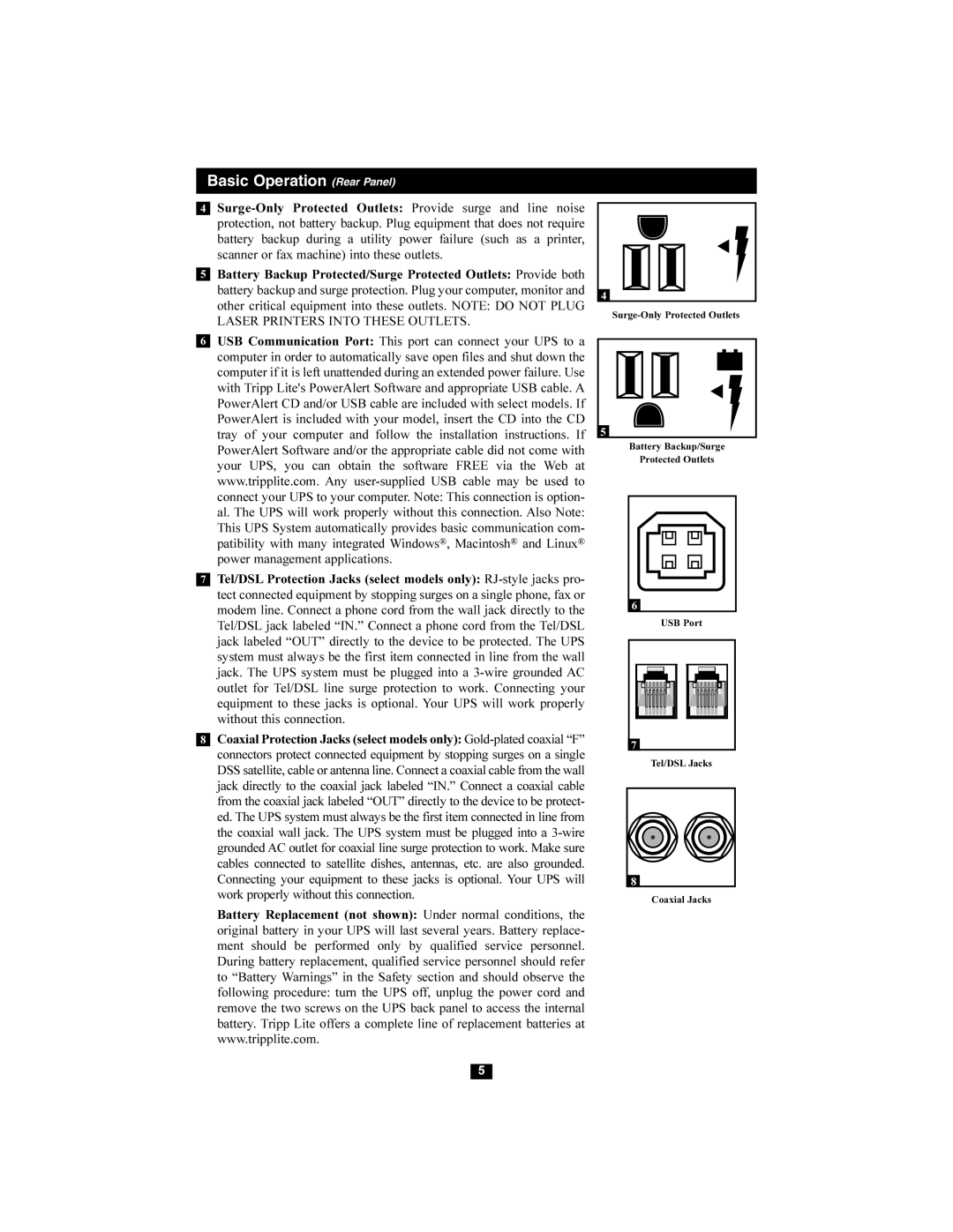 Tripp Lite 200703079 owner manual Basic Operation Rear Panel 