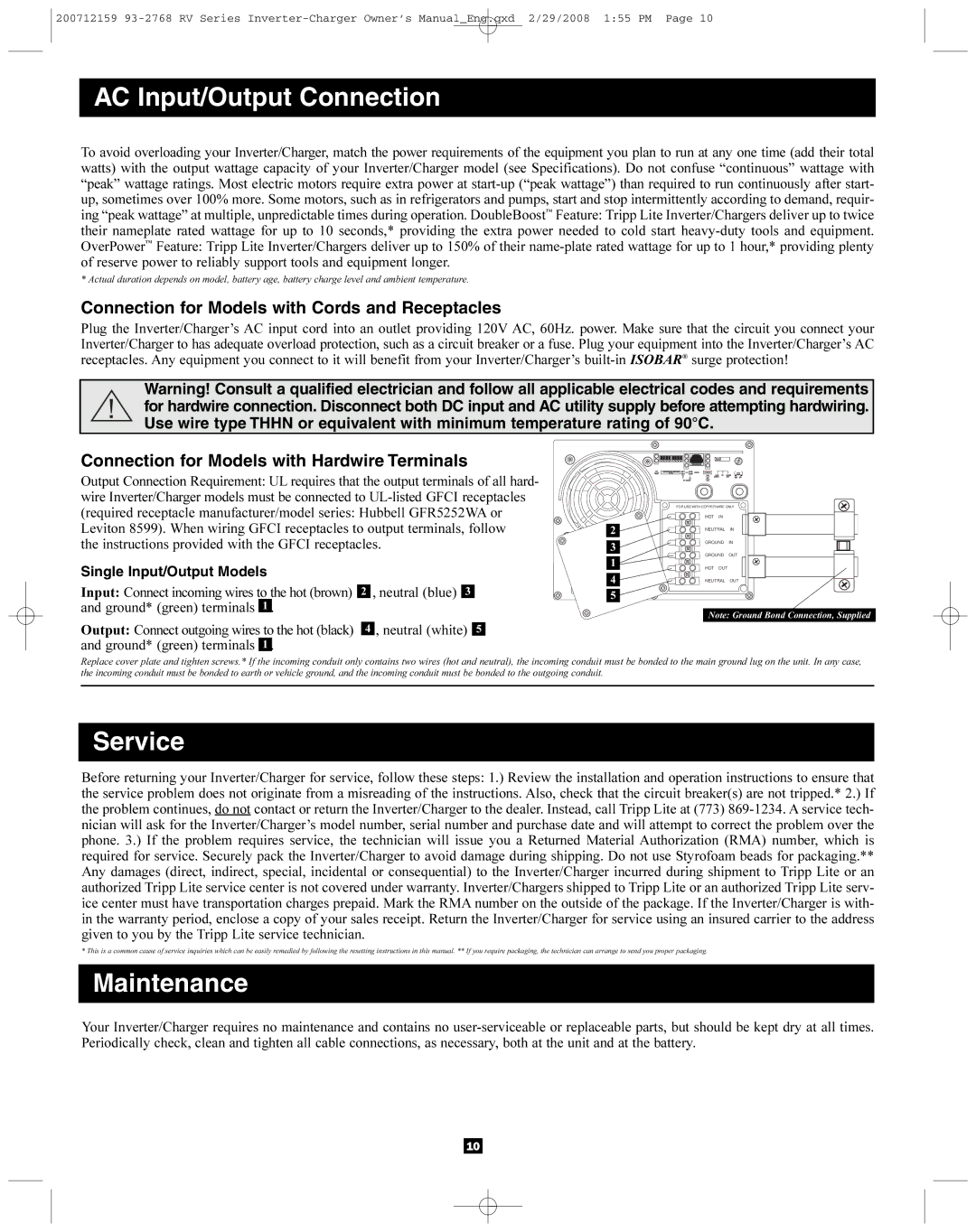 Tripp Lite 200712159 93-2768 RV owner manual AC Input/Output Connection, Service, Maintenance, Single Input/Output Models 