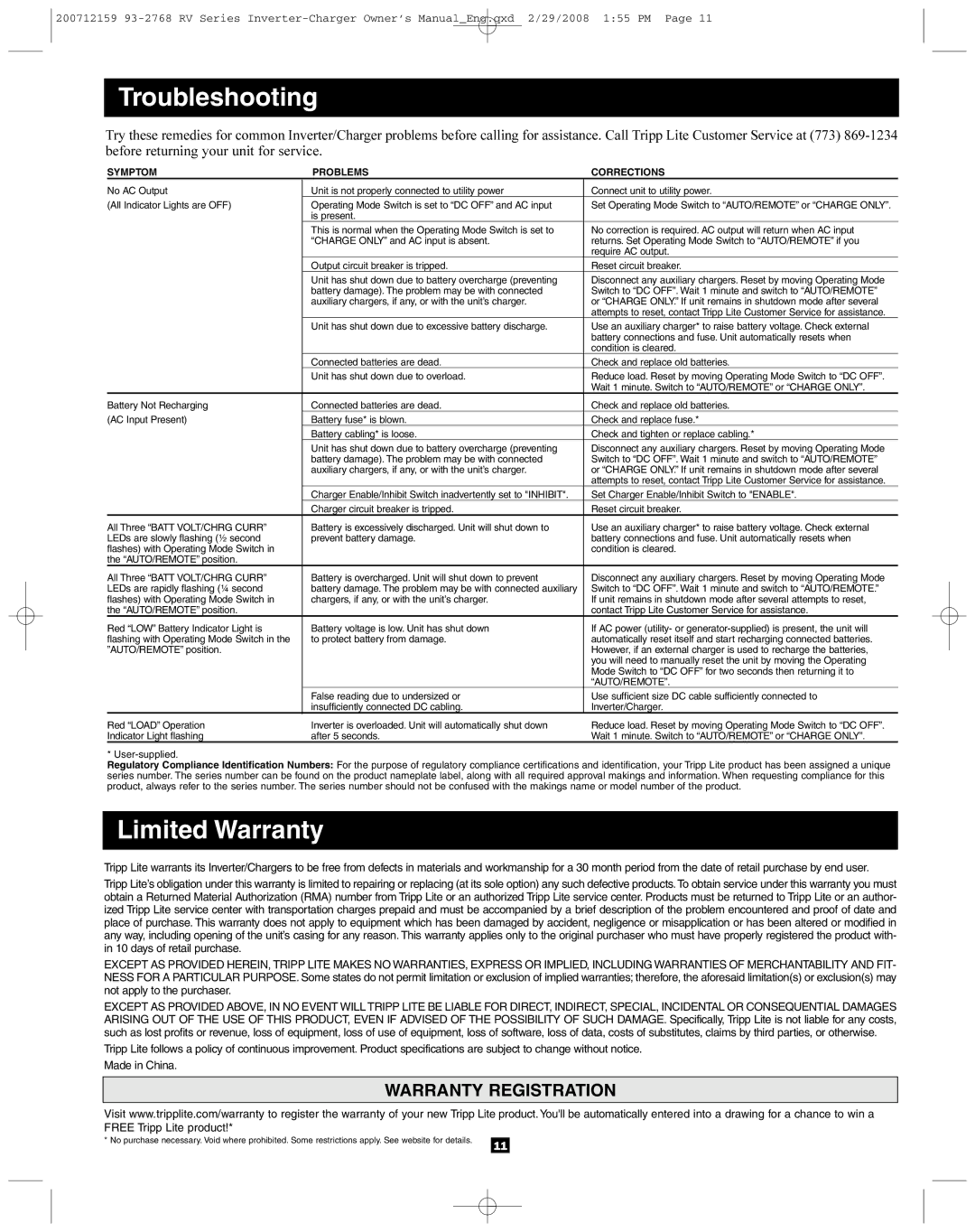 Tripp Lite 200712159 93-2768 RV owner manual Troubleshooting, Limited Warranty 