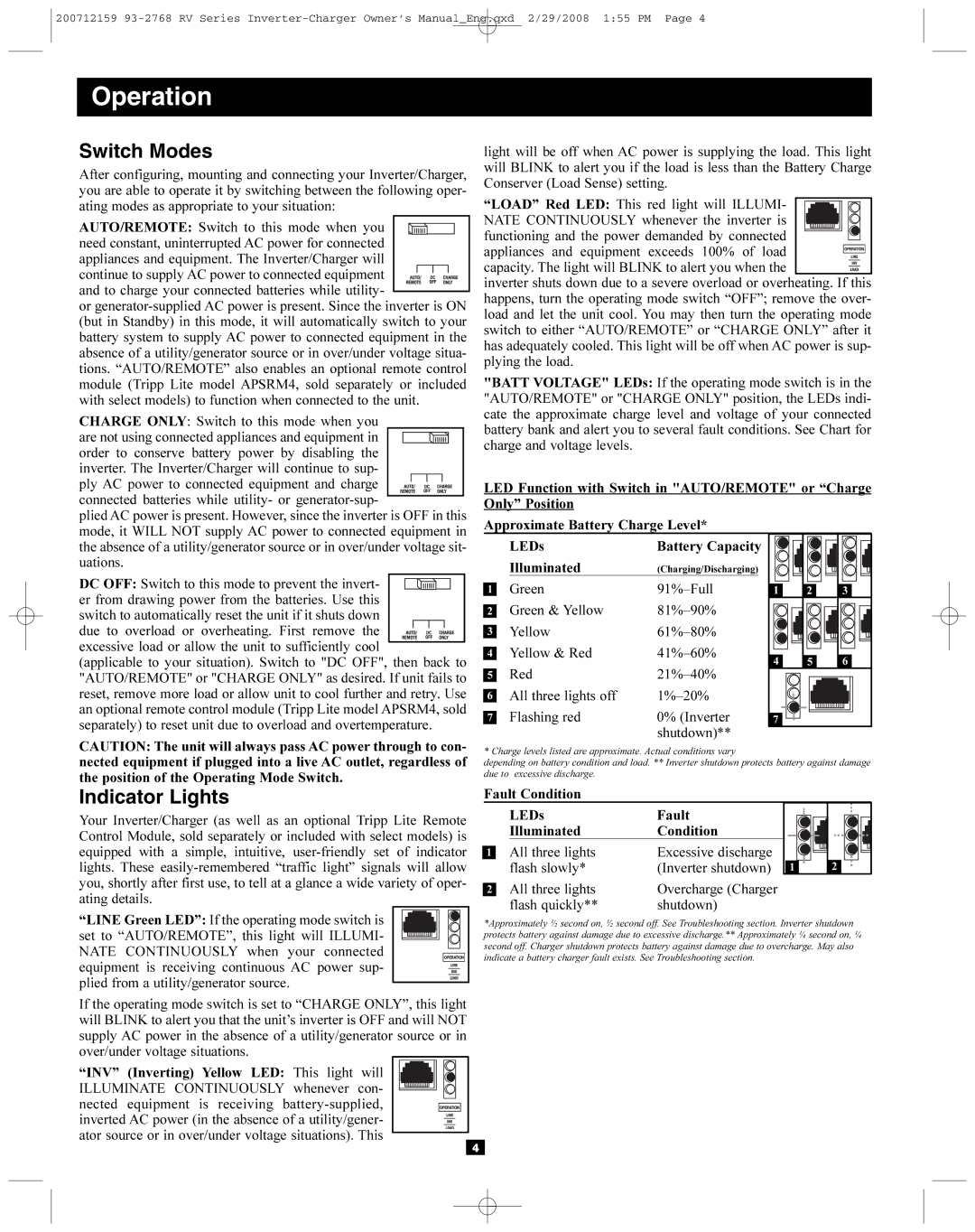 Tripp Lite 200712159 93-2768 RV owner manual Operation, Switch Modes, Indicator Lights 