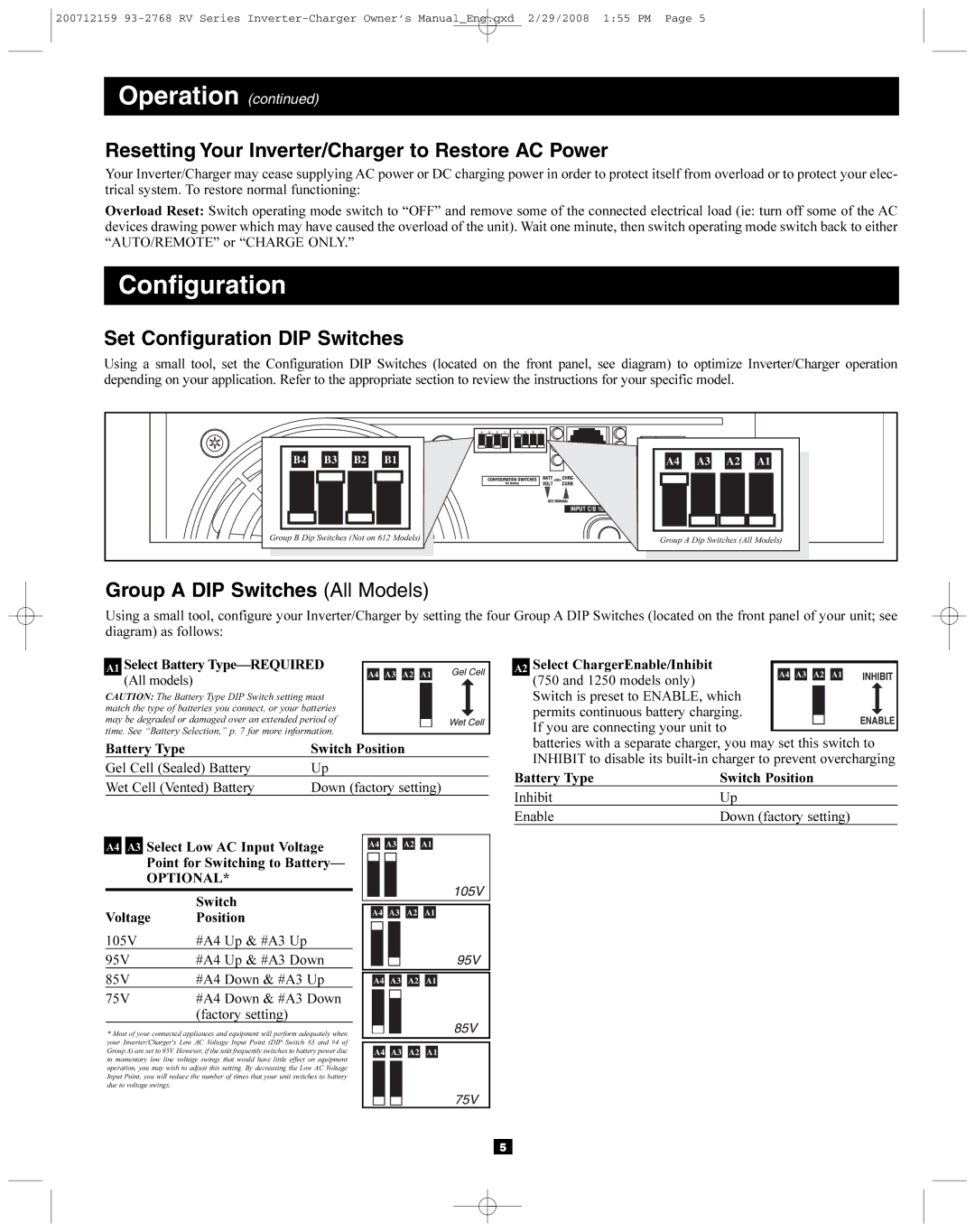 Tripp Lite 200712159 93-2768 RV owner manual Configuration, Resetting Your Inverter/Charger to Restore AC Power 