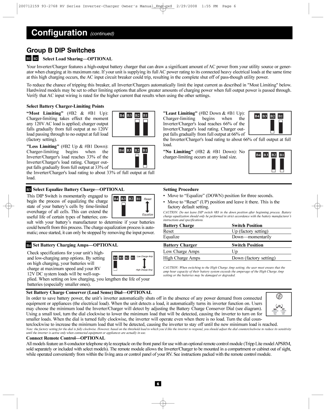 Tripp Lite 200712159 93-2768 RV owner manual Group B DIP Switches, Select Load Sharing-OPTIONAL 