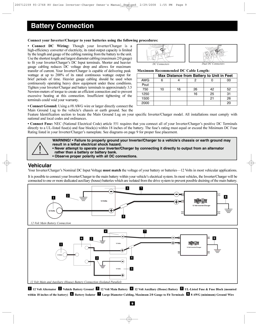 Tripp Lite 200712159 93-2768 RV owner manual Battery Connection, Vehicular, Max Distance from Battery to Unit in Feet 