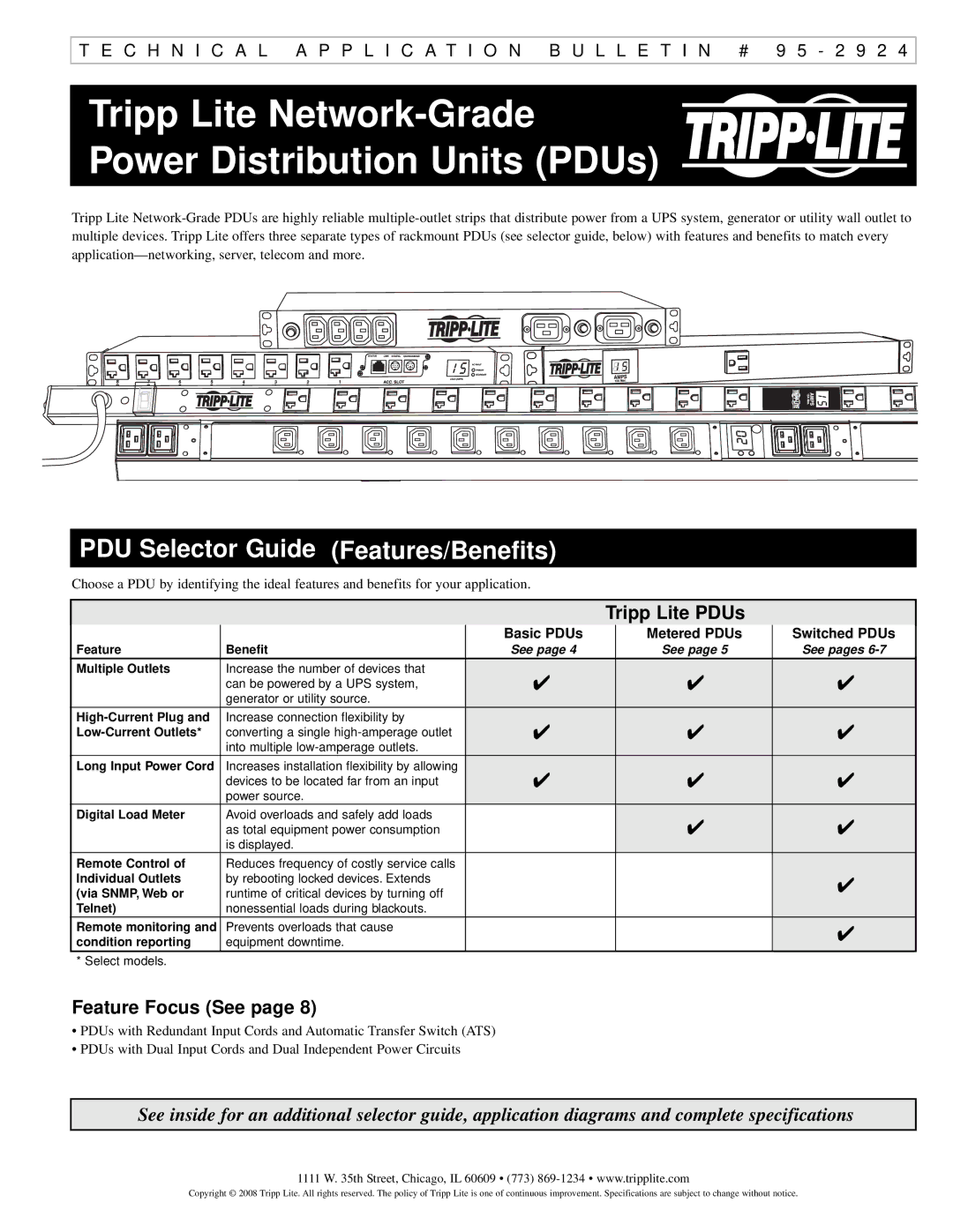 Tripp Lite 200803016 95-2924 specifications PDU Selector Guide Features/Benefits, Tripp Lite PDUs, Feature Focus See 