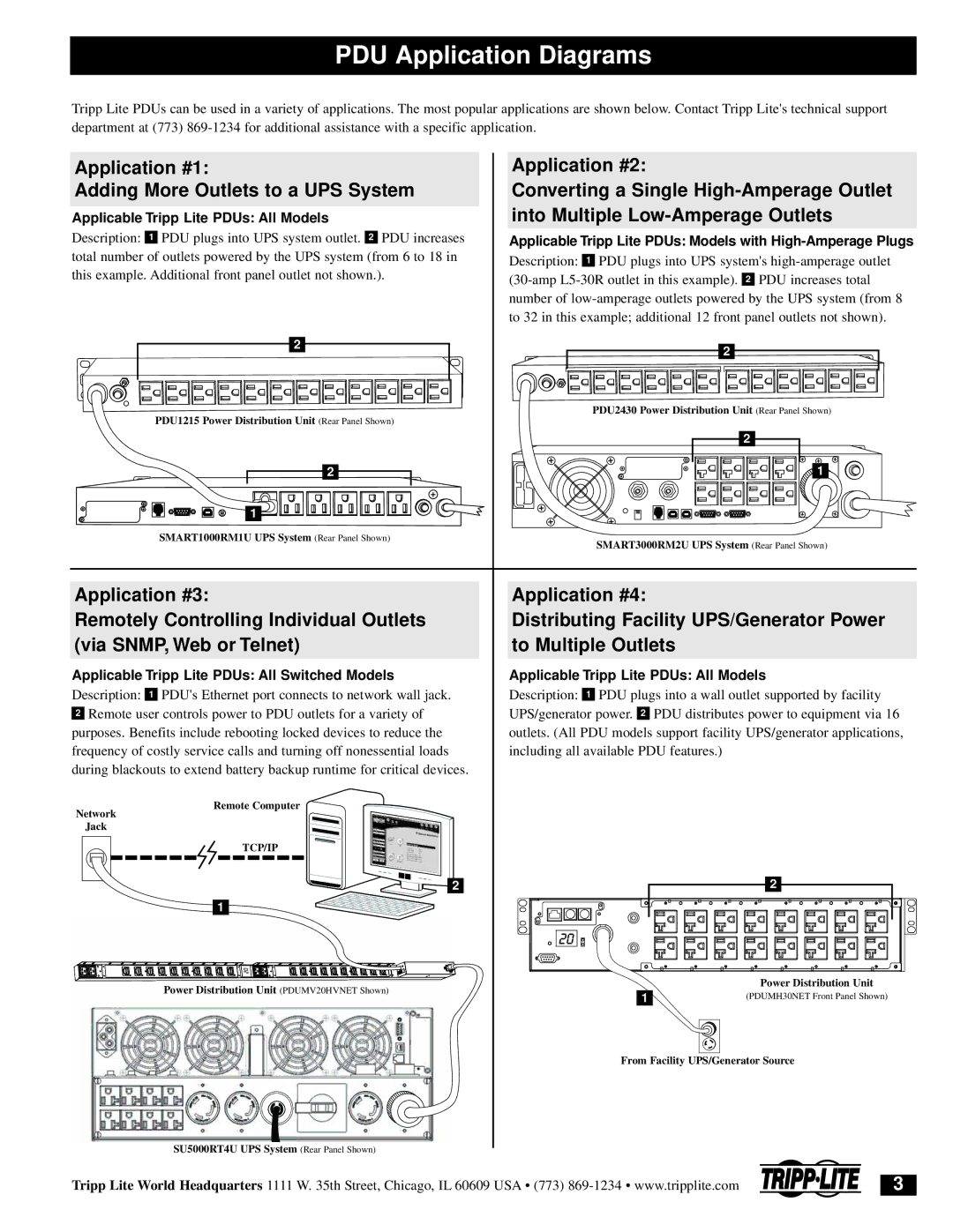 Tripp Lite 200803016 95-2924 specifications PDU Application Diagrams, Into Multiple Low-Amperage Outlets, Tcp/Ip 