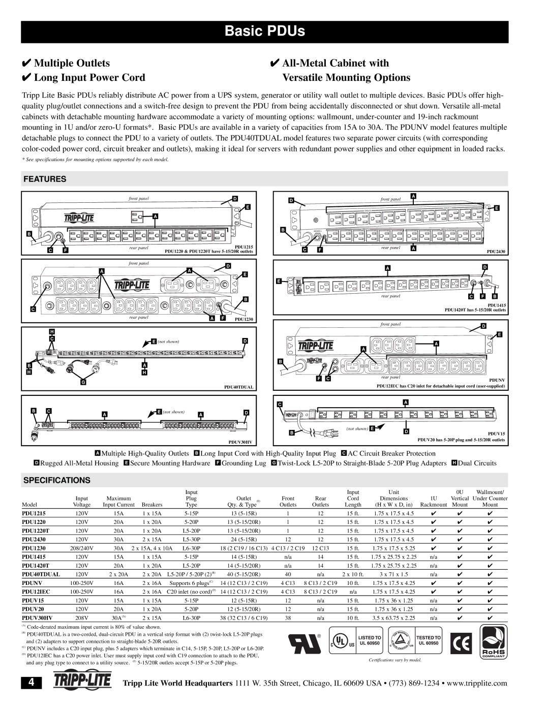 Tripp Lite 200803016 95-2924 specifications Basic PDUs, Specifications 