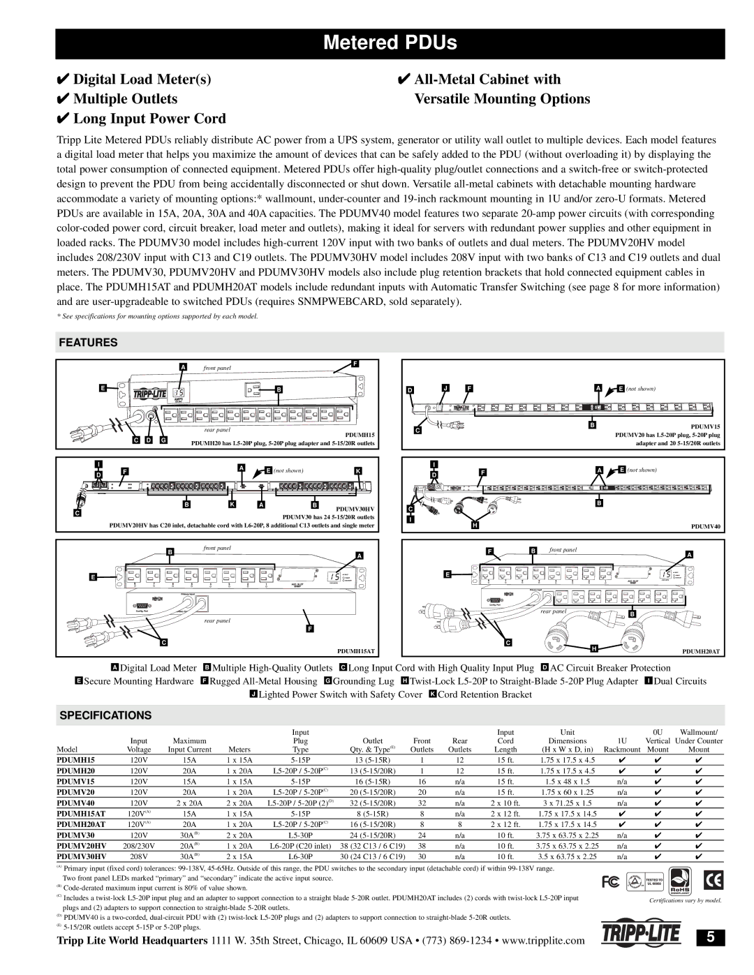 Tripp Lite 200803016 95-2924 specifications Metered PDUs, Features 