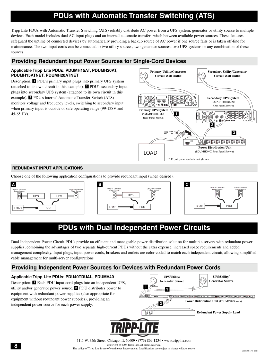 Tripp Lite 200803016 95-2924 PDUs with Automatic Transfer Switching ATS, PDUs with Dual Independent Power Circuits 