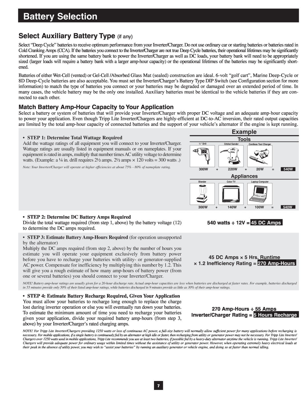 Tripp Lite 200812163 warranty Battery Selection, Select Auxiliary Battery Type if any, Example 