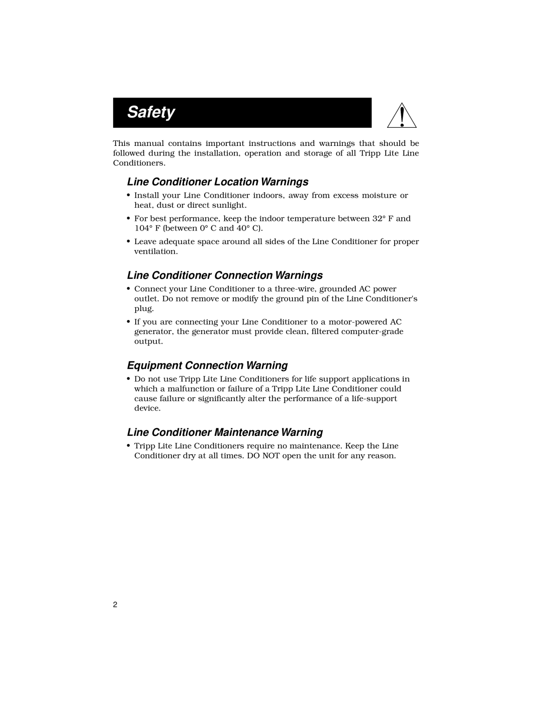 Tripp Lite 2009XXXXX 93-1350_EN Safety, Line Conditioner Location Warnings, Line Conditioner Connection Warnings 