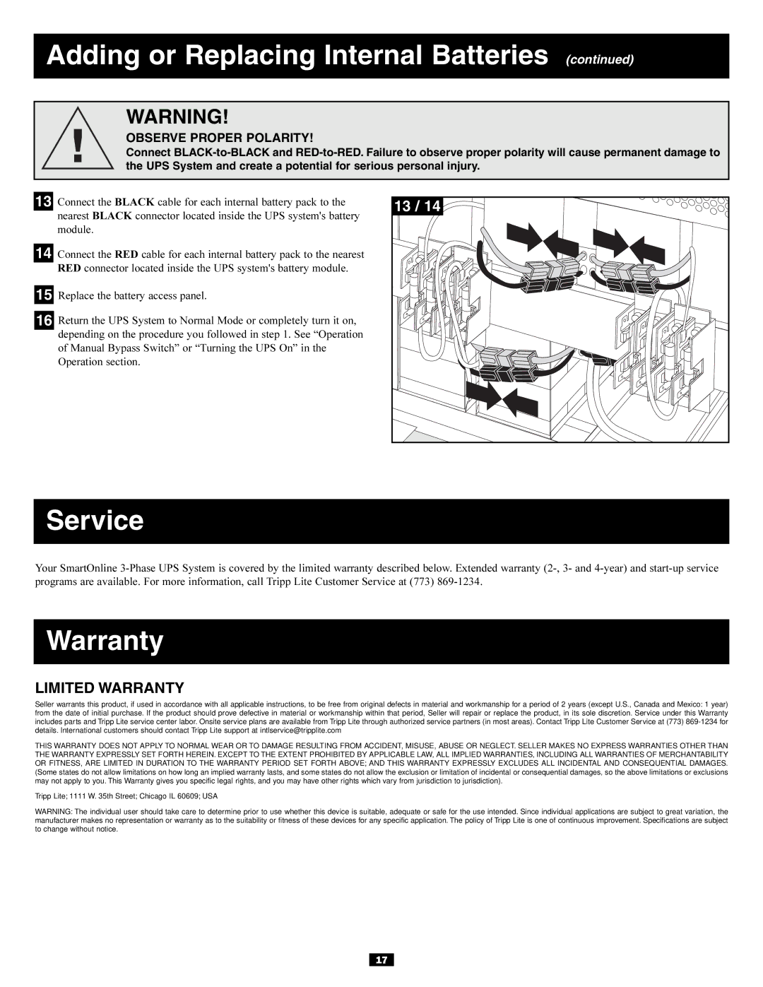 Tripp Lite 20KVA owner manual Service, Limited Warranty, Observe Proper Polarity 